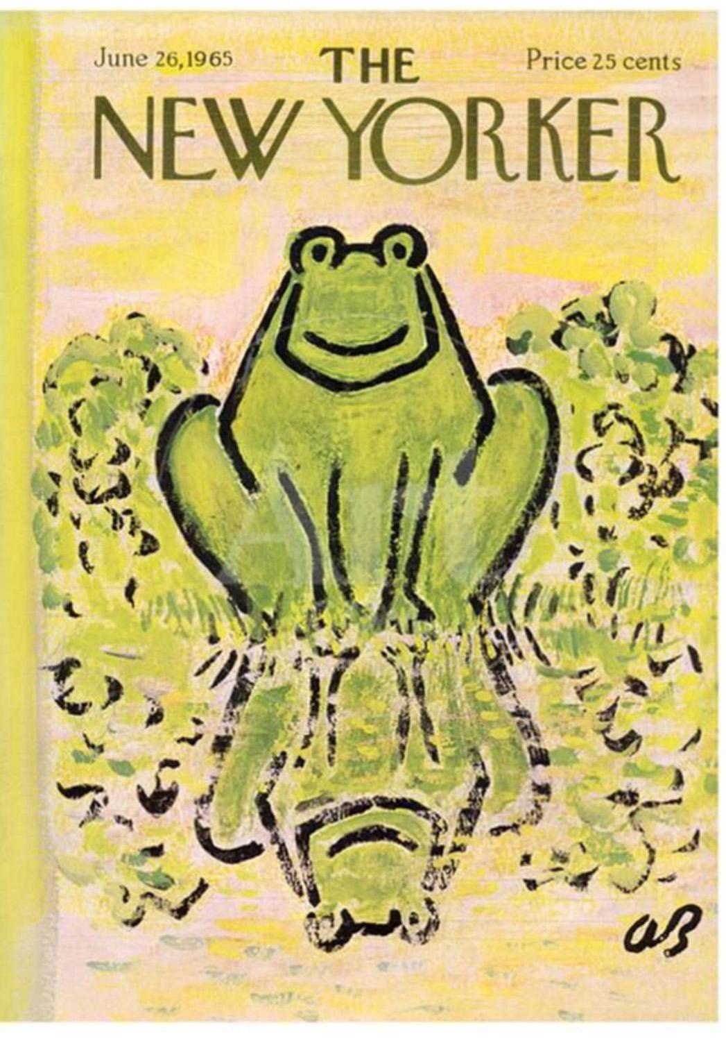 Colorful original artwork by Abe Birnbaum for the June 26, 1965 New Yorker cover. Done in vibrant greens, yellows, and pinks. Birnbaum, recipient of the Caldecott Honors in 1955 for 'Green Eyes' a children book (1899-1966) did over 150 New Yorker