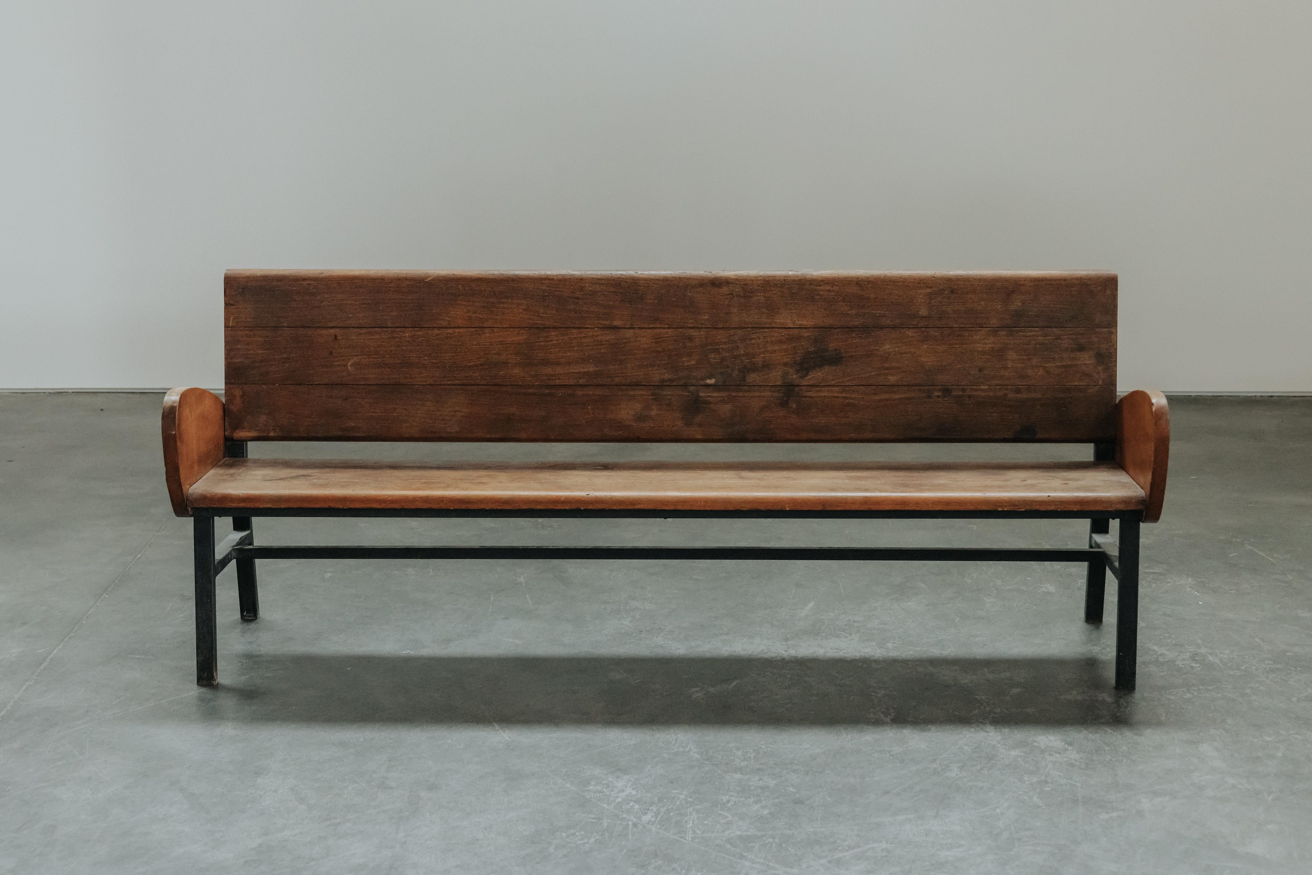 Rare Mid Century Oak Bench From France, Circa 1960.  Superb model in the style of Prouve.  Light patina and use.