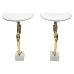 Rare Midcentury Pair of Brass Marble Console Tables Robert Thibier, 1970s