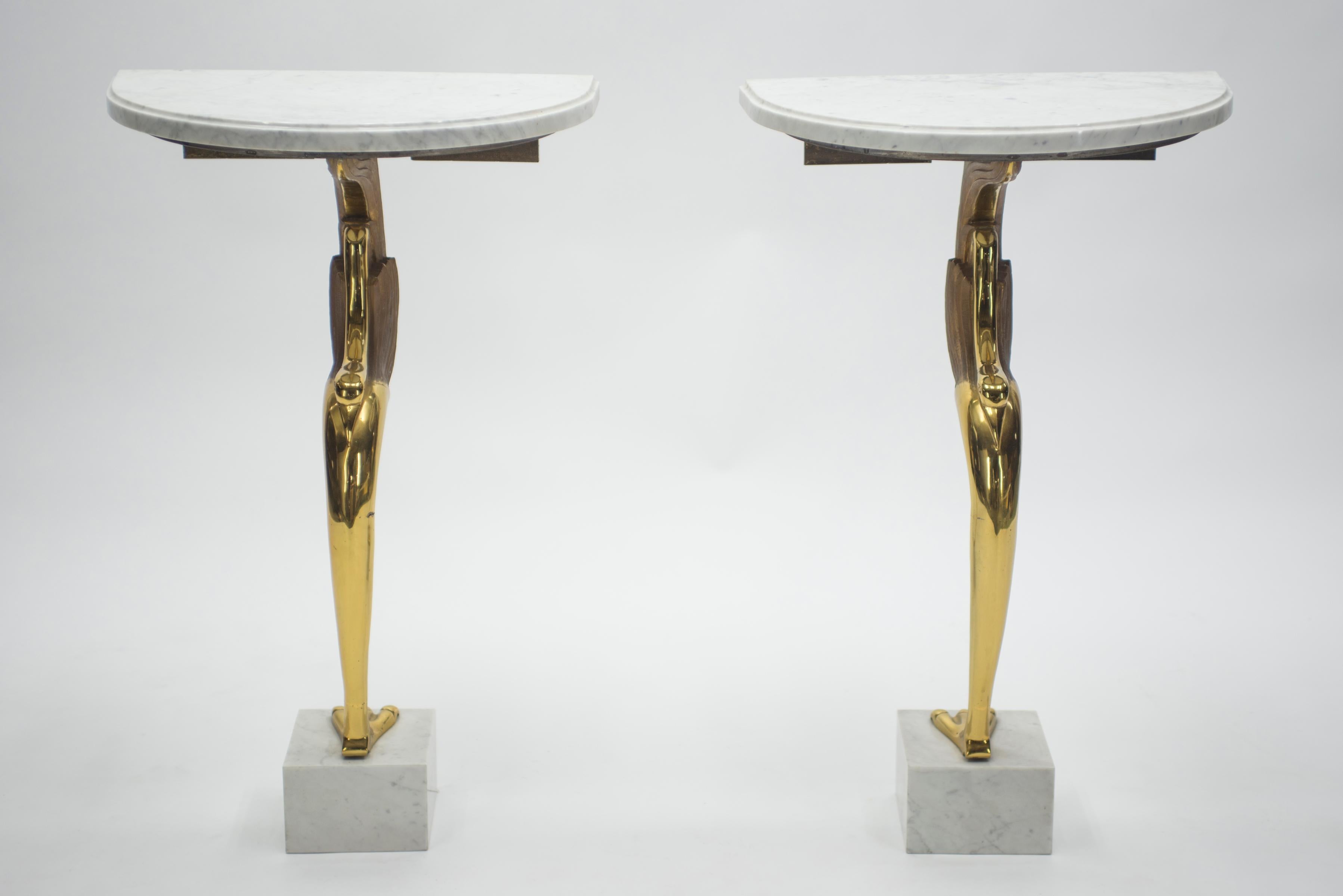 Hollywood Regency Rare Midcentury Pair of Brass Marble Console Tables Robert Thibier, 1970s