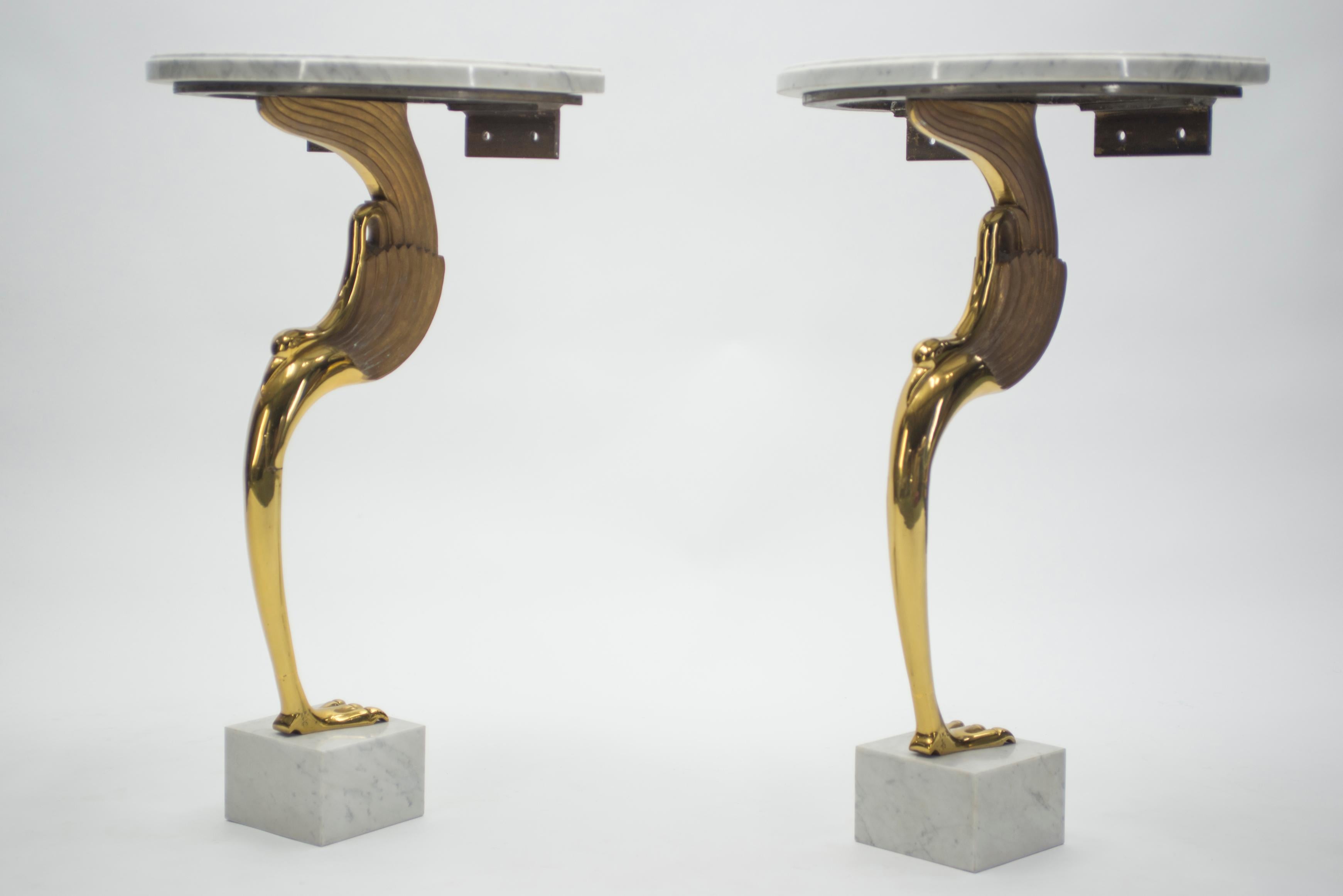 French Rare Midcentury Pair of Brass Marble Console Tables Robert Thibier, 1970s