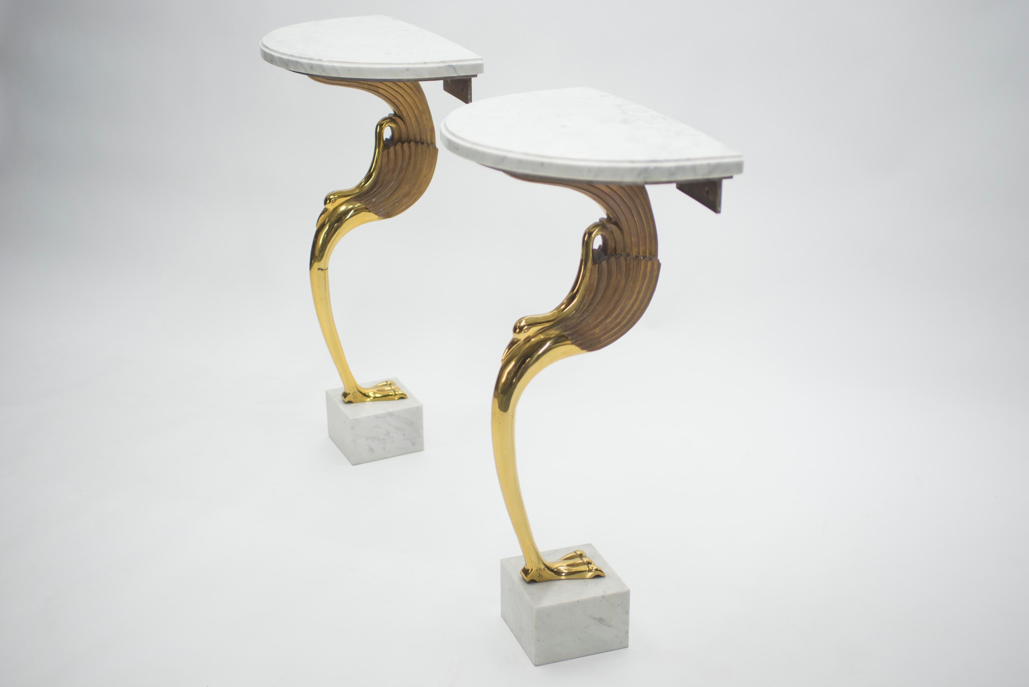 Rare Midcentury Pair of Brass Marble Console Tables Robert Thibier, 1970s In Good Condition In Paris, IDF