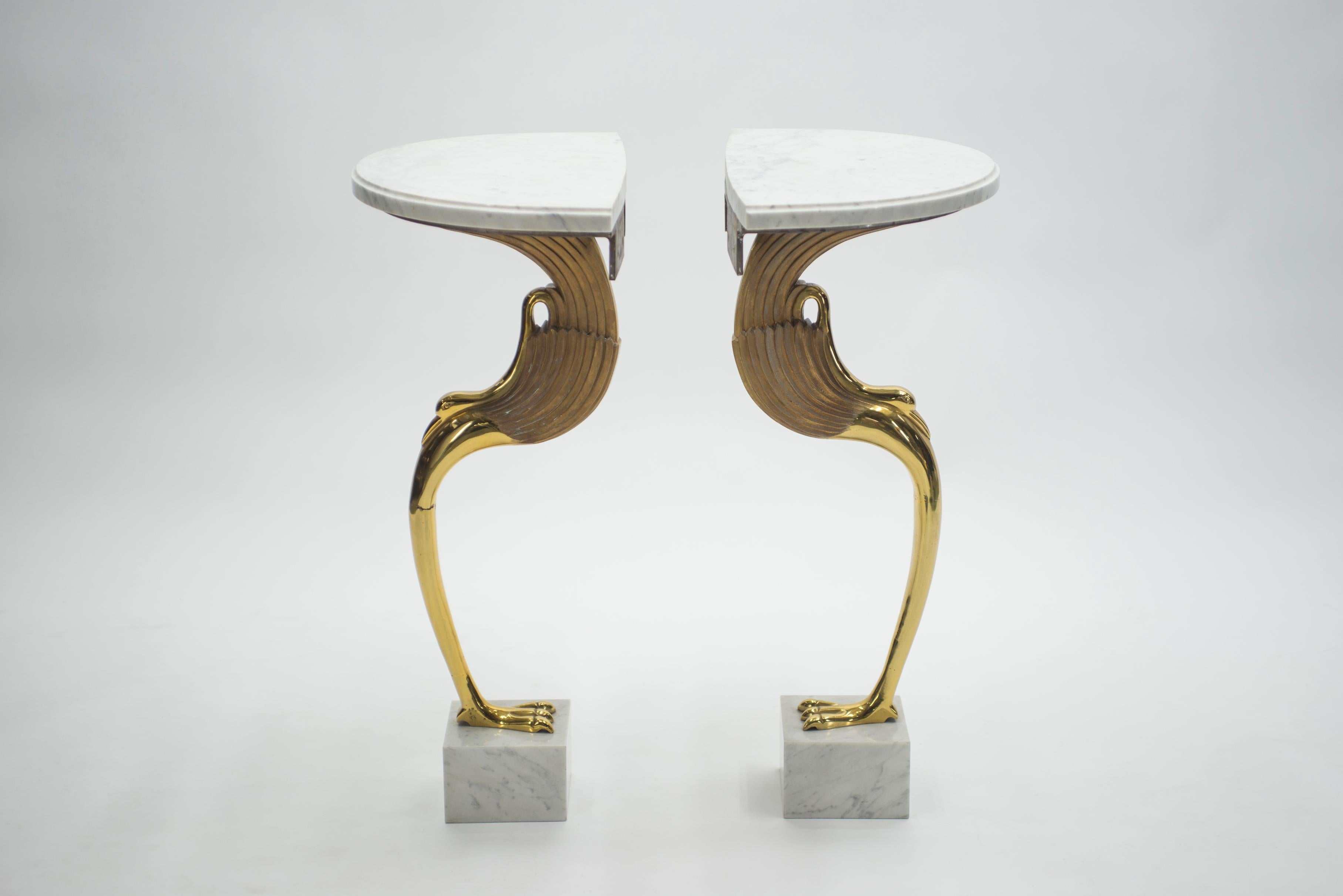 Late 20th Century Rare Midcentury Pair of Brass Marble Console Tables Robert Thibier, 1970s