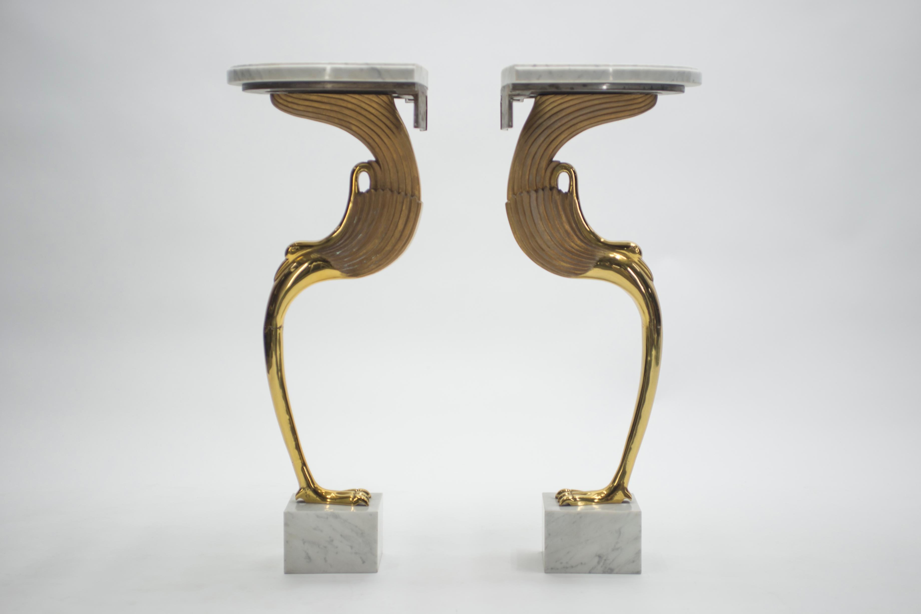 Rare Midcentury Pair of Brass Marble Console Tables Robert Thibier, 1970s 1