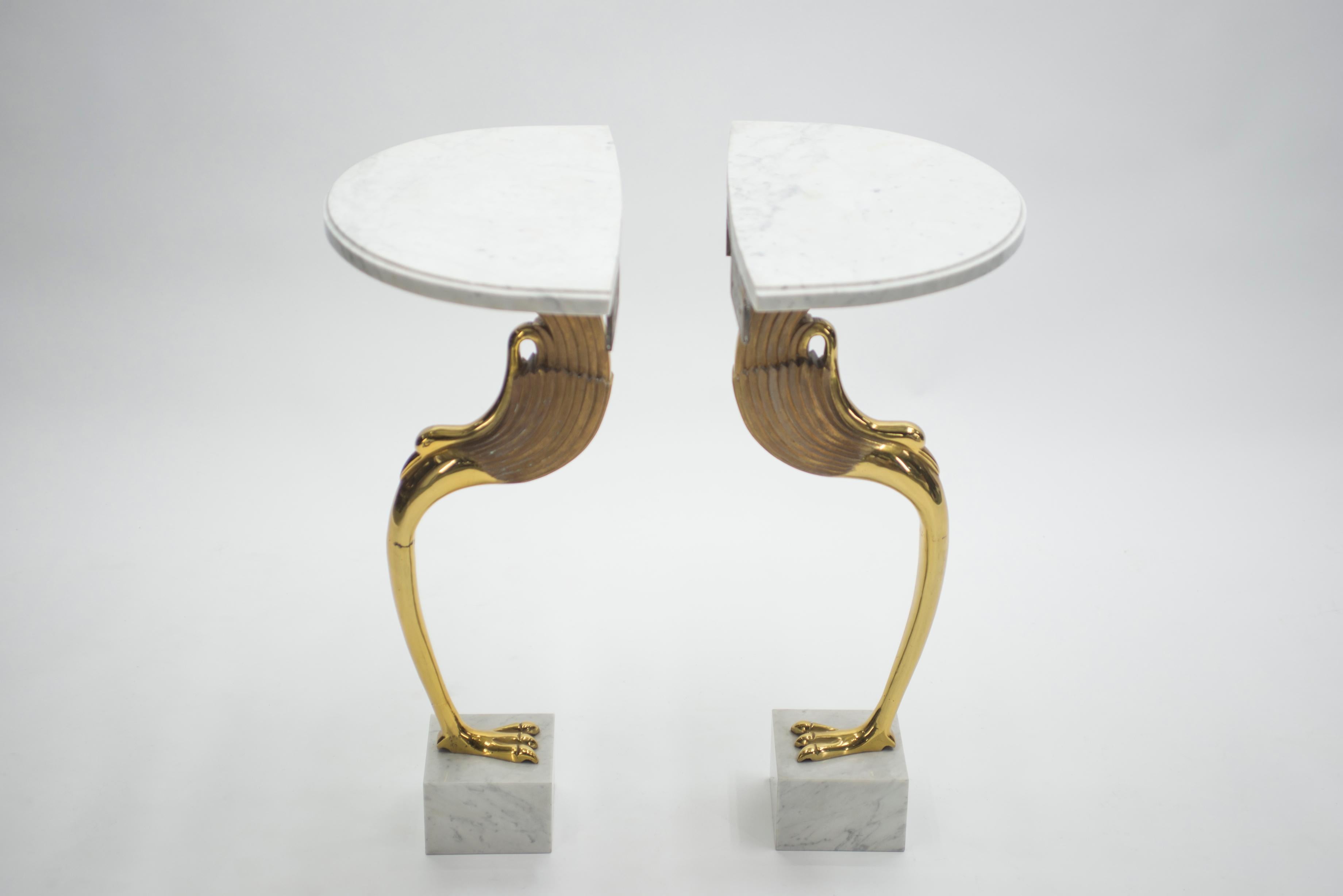 Rare Midcentury Pair of Brass Marble Console Tables Robert Thibier, 1970s 2