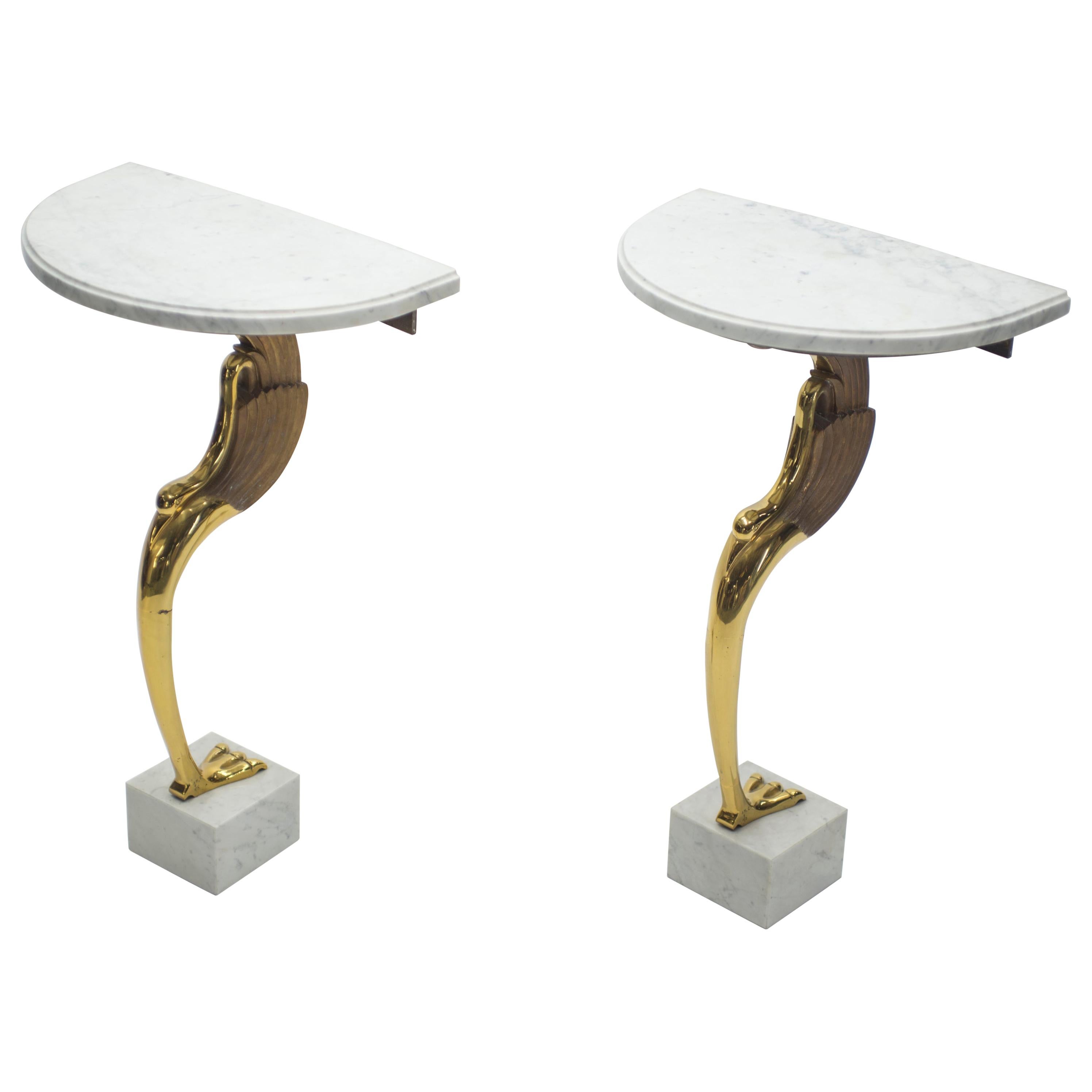 Rare Midcentury Pair of Brass Marble Console Tables Robert Thibier, 1970s