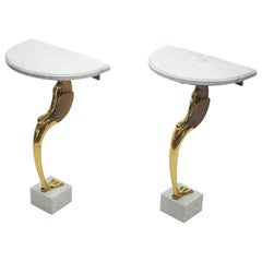 Rare Midcentury Pair of Brass Marble Console Tables Robert Thibier, 1970s