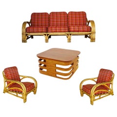 Rare Midcentury Rattan and Mahogany Living Room Set