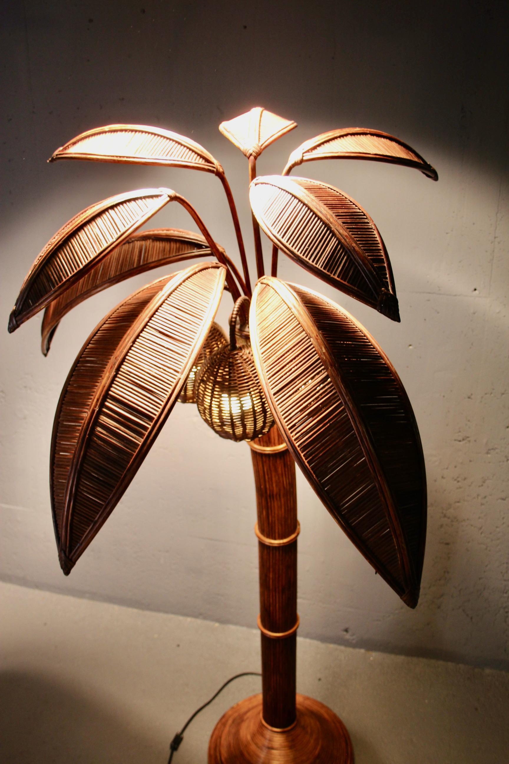 Mexican RARE Mid-century Sculptural Rattan Palm Tree floor Lamp, Mario Torres Lopez For Sale