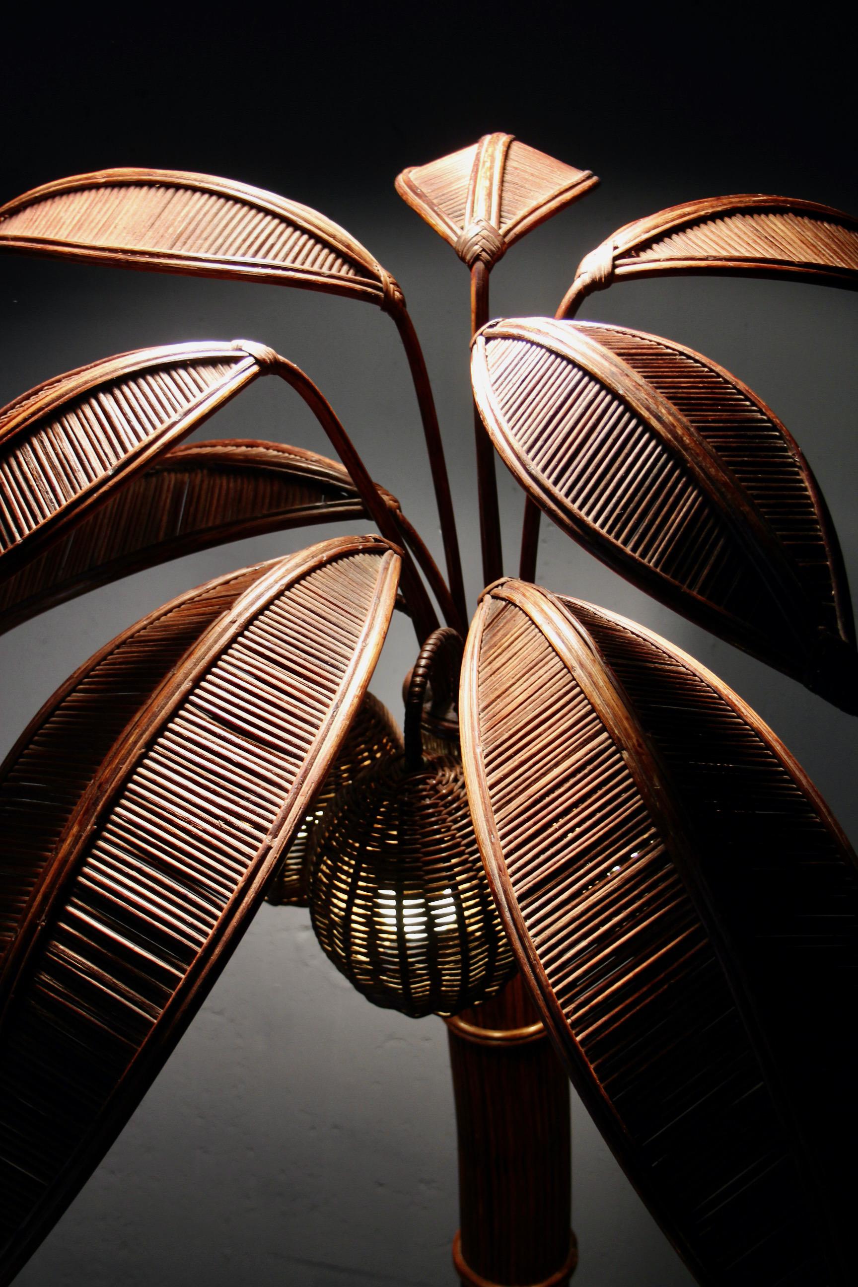 Late 20th Century RARE Mid-century Sculptural Rattan Palm Tree floor Lamp, Mario Torres Lopez For Sale