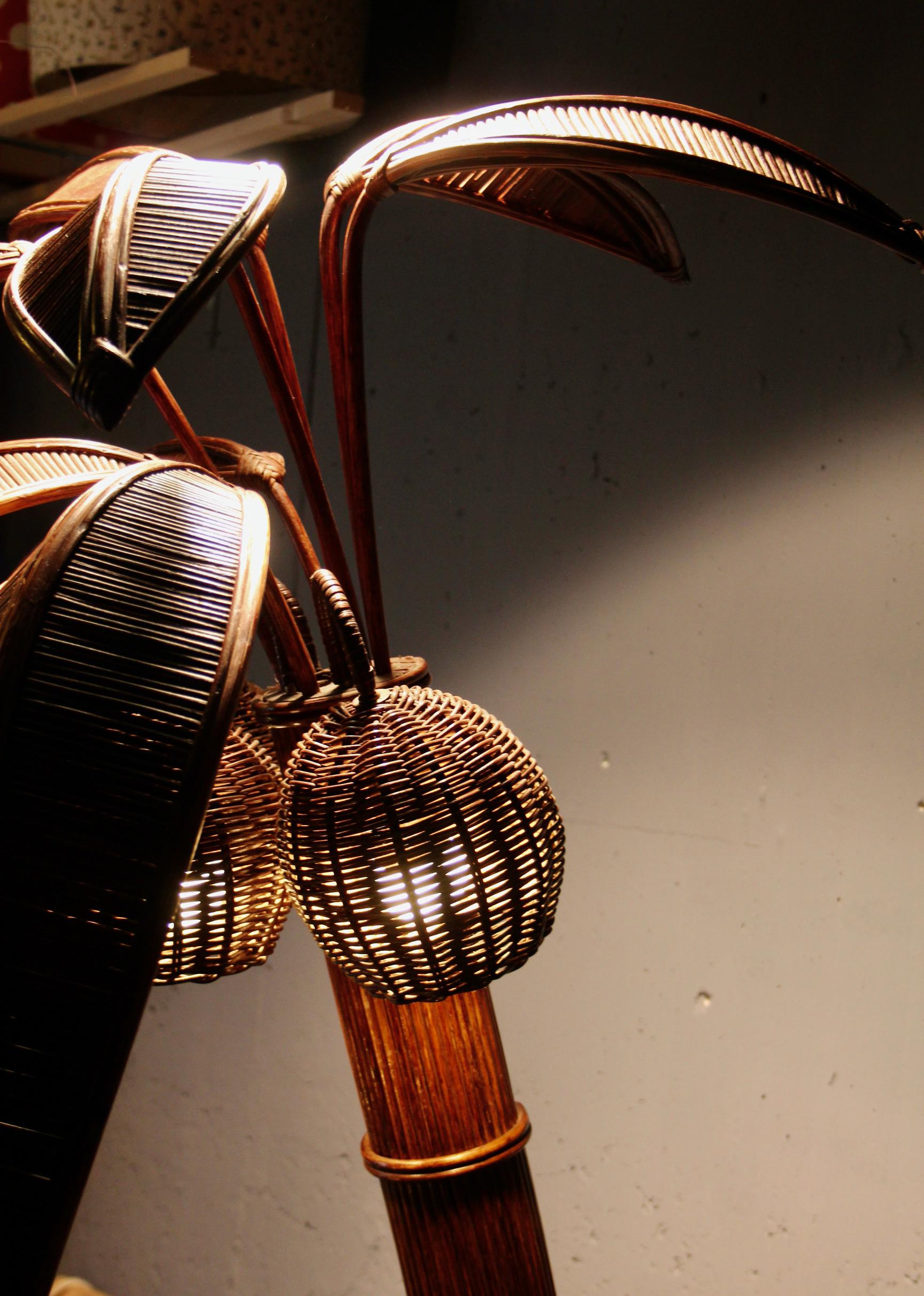Bamboo RARE Mid-century Sculptural Rattan Palm Tree floor Lamp, Mario Torres Lopez For Sale