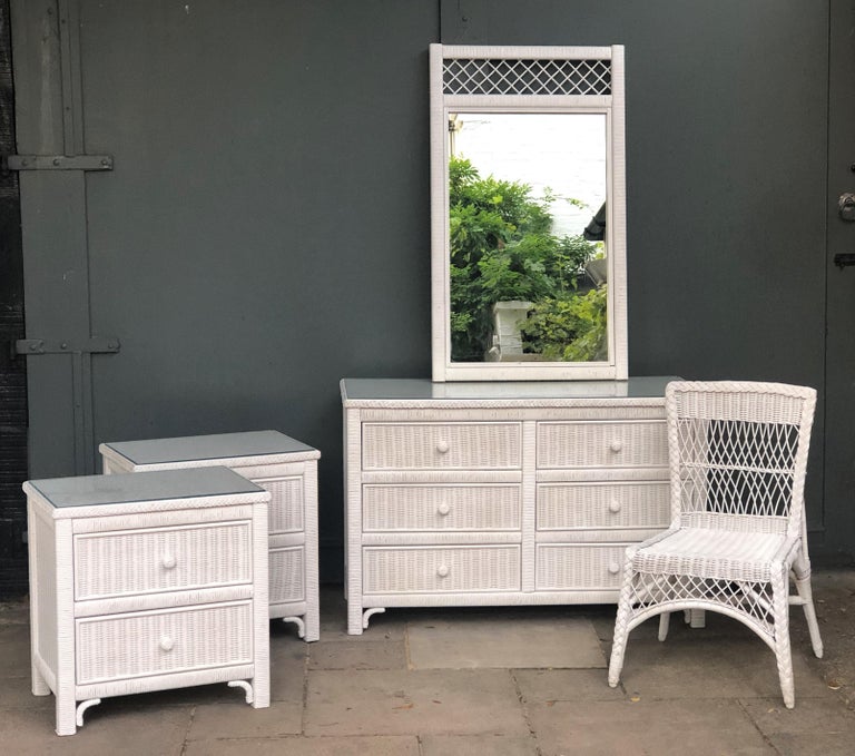 Henry Link Set of White Wicker Bedroom Furniture, Nightstands, Mirror