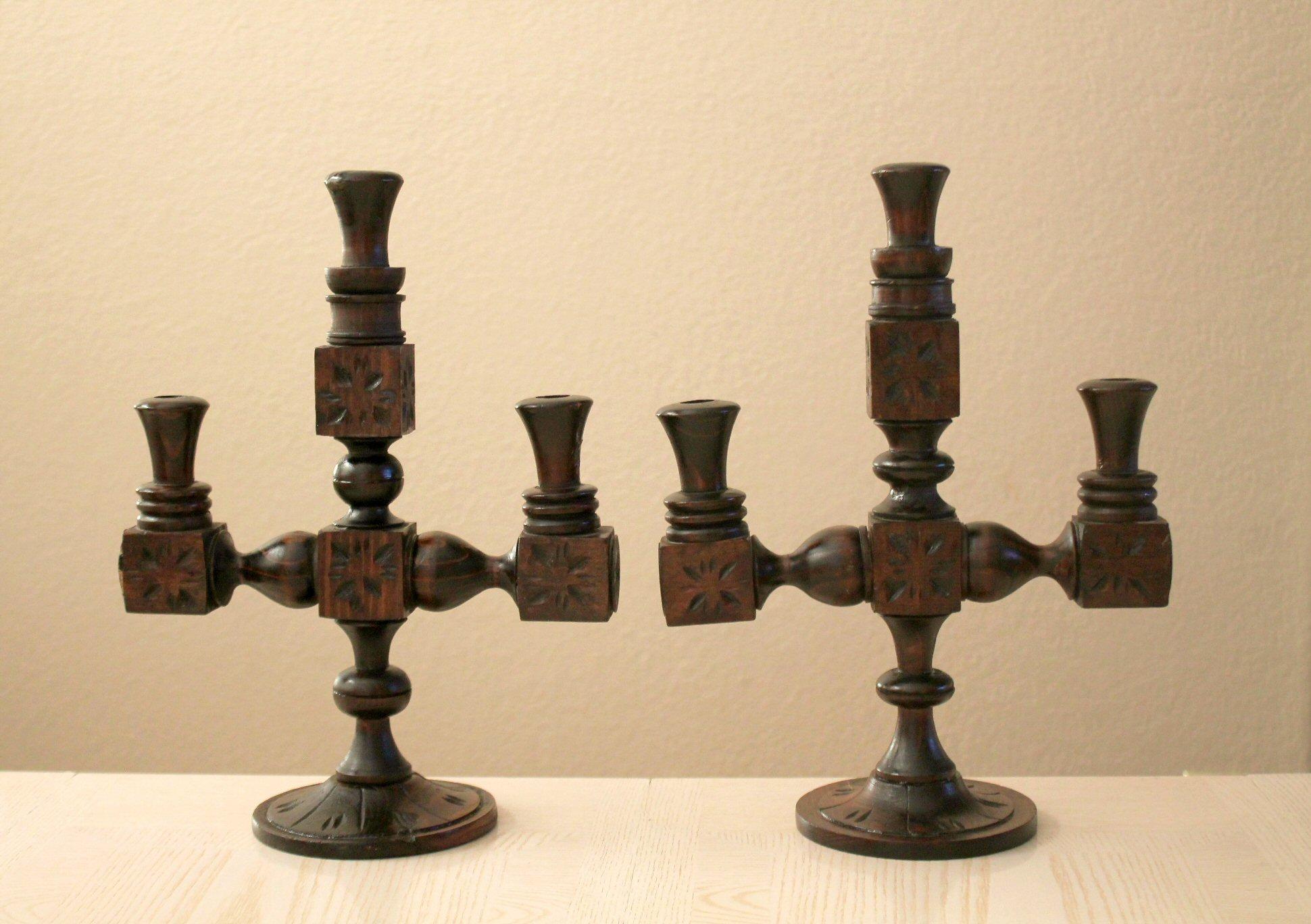 Hand-Carved Rare! Mid Century Spanish Colonial Revival Candelabra Dark Wood  For Sale