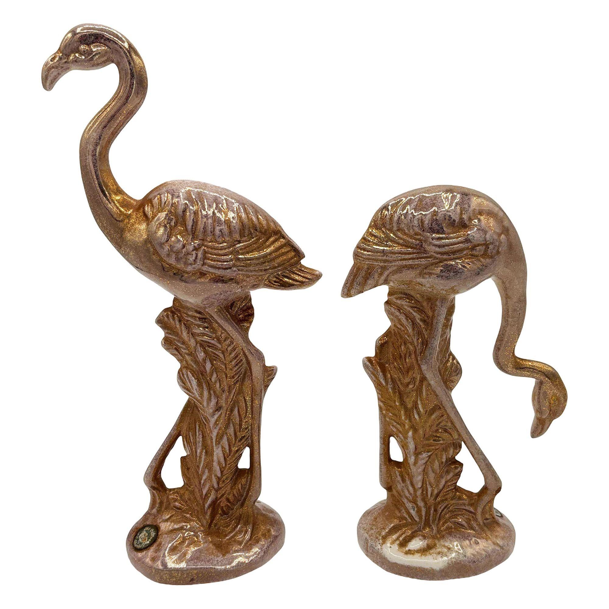 American Rare Mid-century Speckled Gold Ceramic Pink Flamingo Statue by McCulloch, Pair For Sale