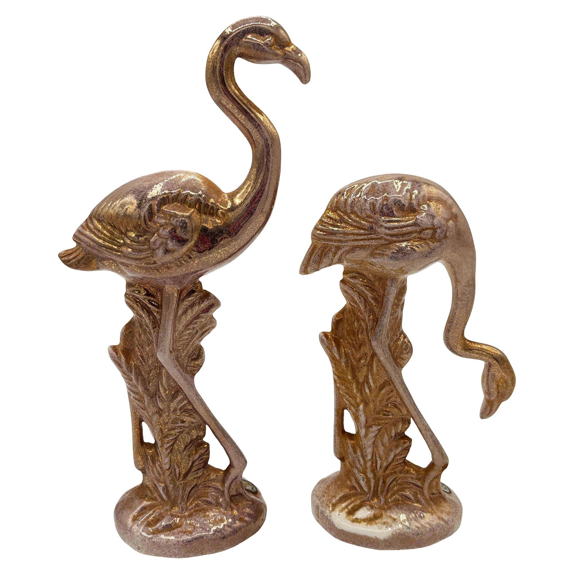 Rare Mid-century Speckled Gold Ceramic Pink Flamingo Statue by McCulloch, Pair In Excellent Condition For Sale In Van Nuys, CA