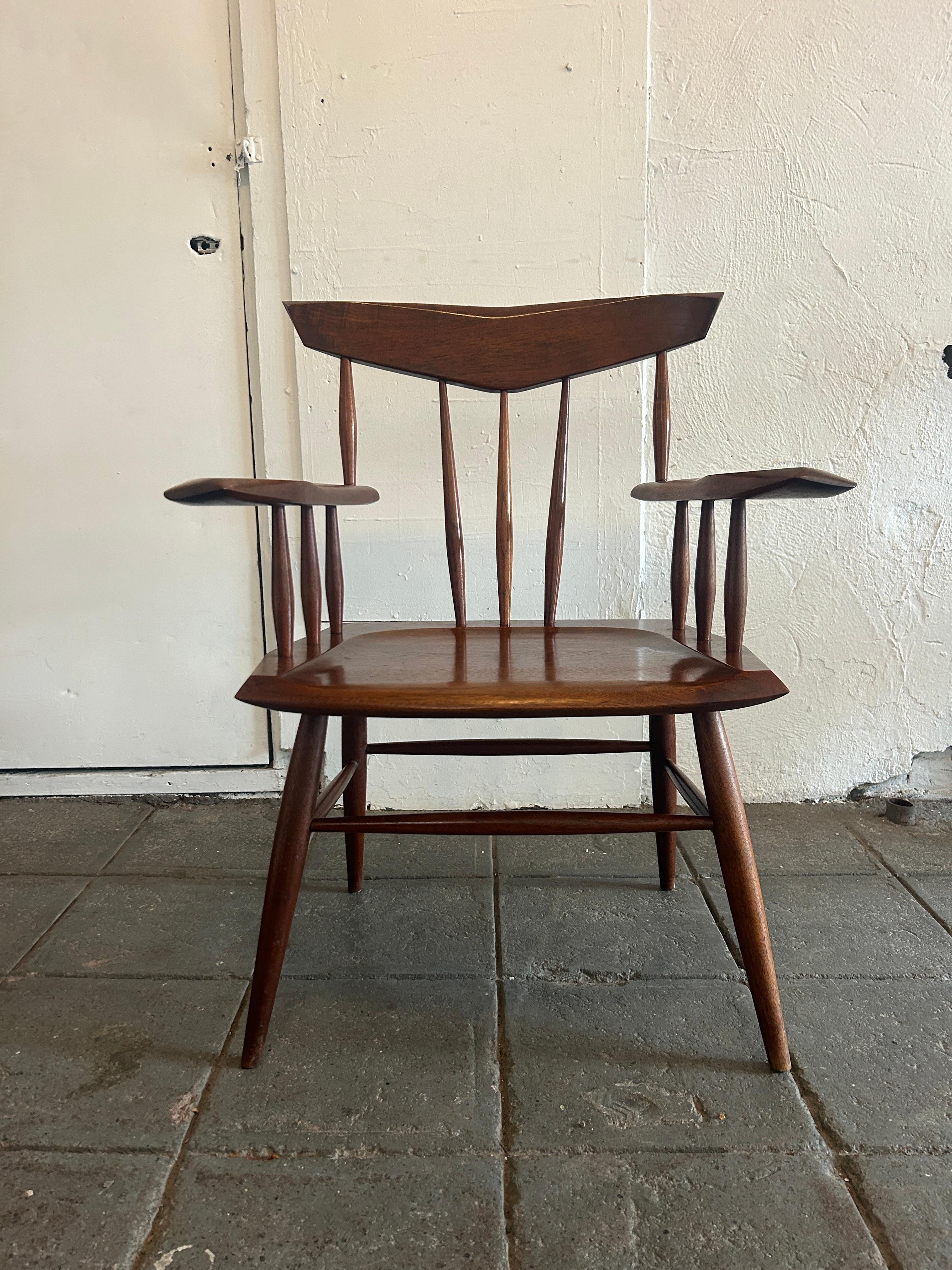 Rare Mid Century Studio Craft Sculptural Walnut Arm Chair by James Martin. Handmade in the USA - New Hope, PA. All Solid American black walnut wood. James Martin worked with George Nakashima / Studio prior to doing his own woodworking in New Hope,