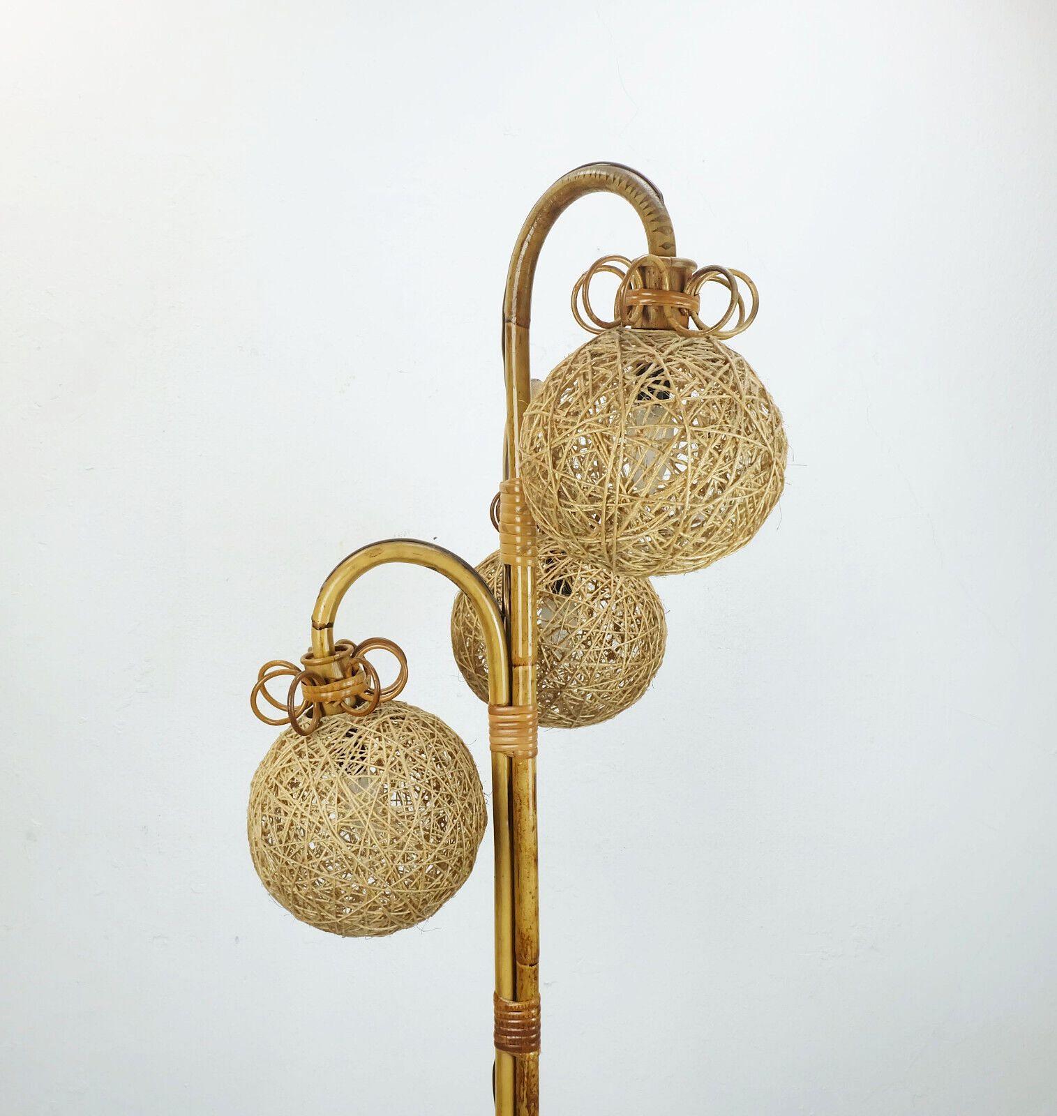 rare mid century tripod FLOOR LAMP bamboo rattan 50s hawaii tiki era 3 shades For Sale 2