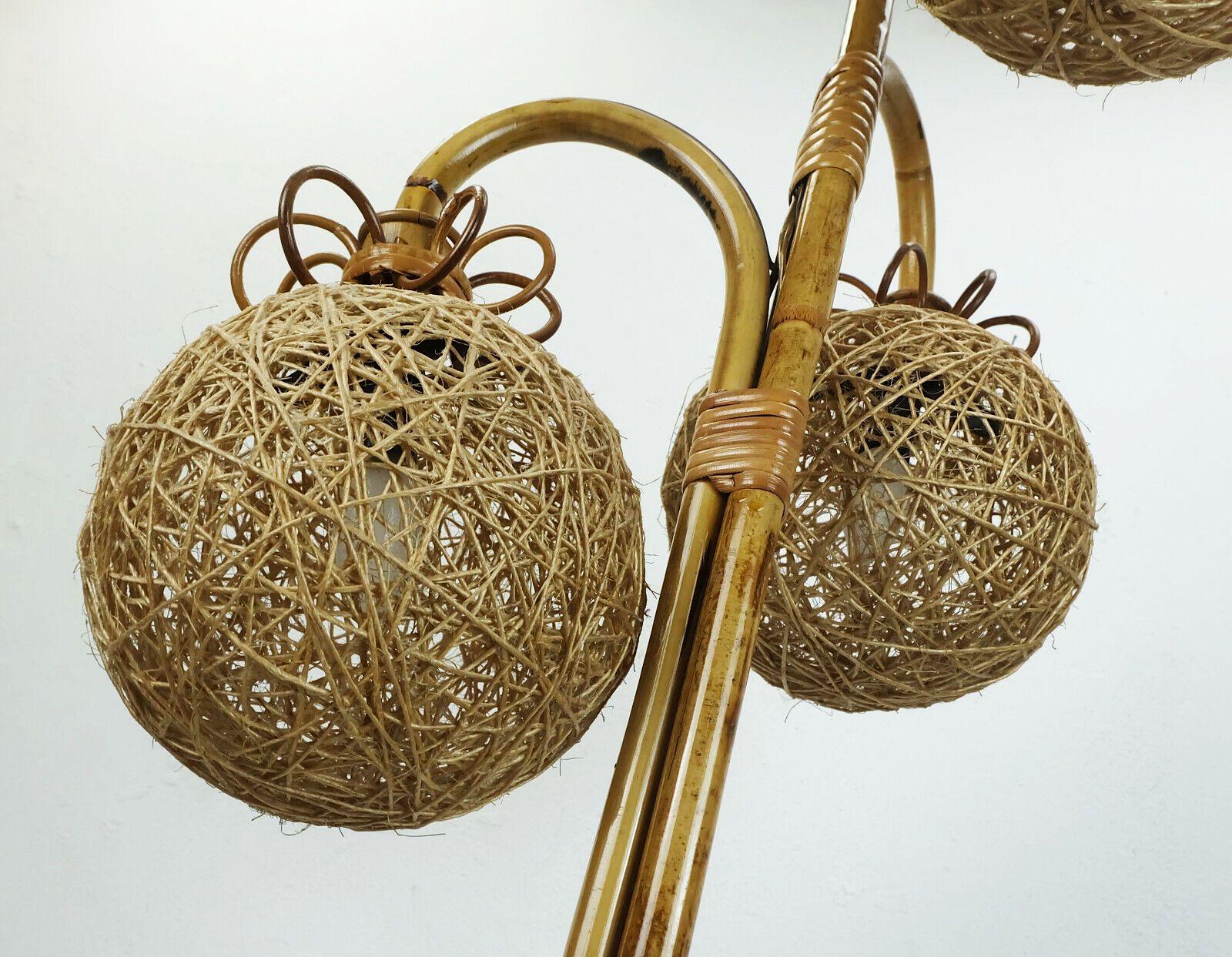 Mid-Century Modern rare mid century tripod FLOOR LAMP bamboo rattan 50s hawaii tiki era 3 shades For Sale