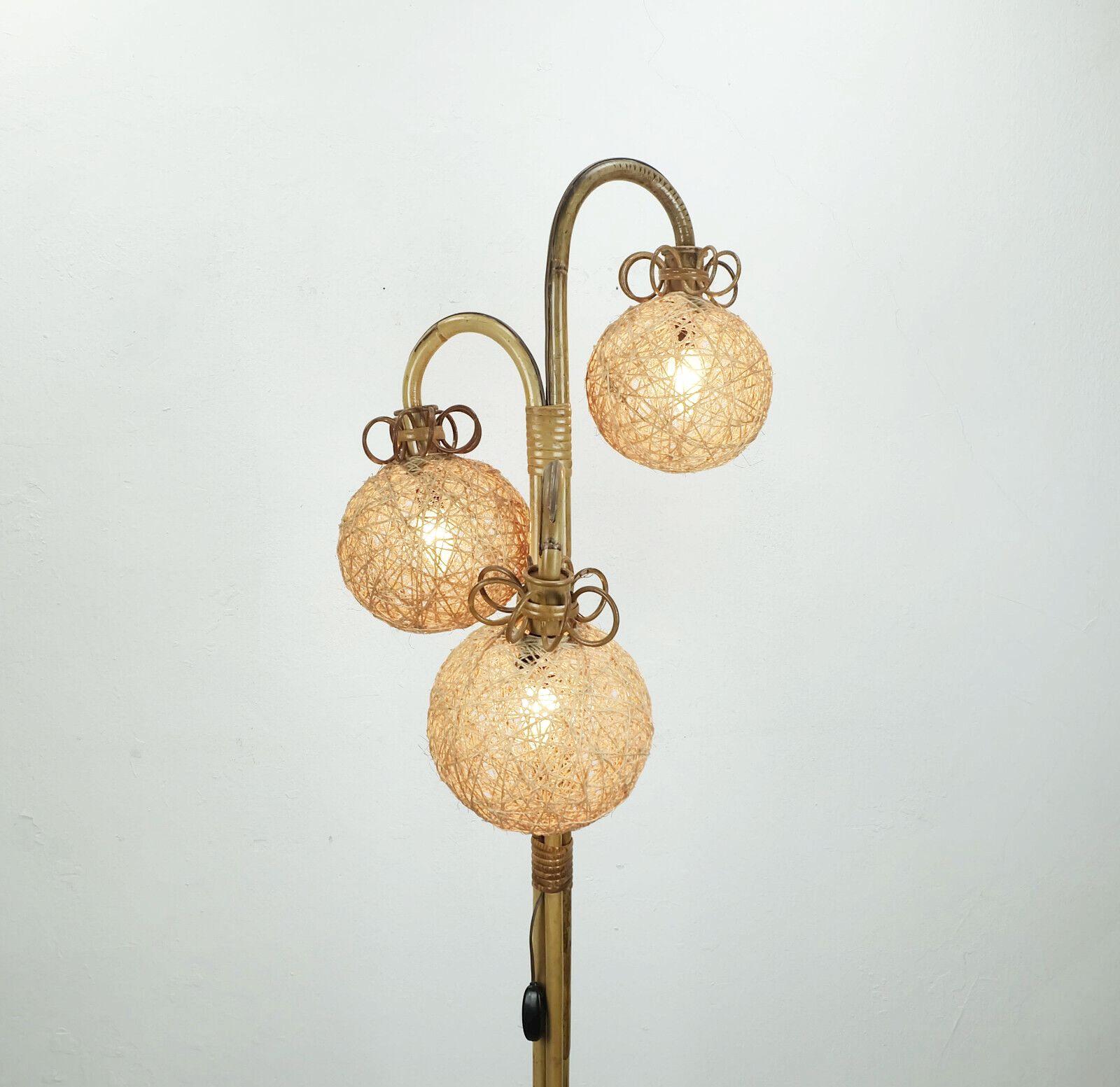 20th Century rare mid century tripod FLOOR LAMP bamboo rattan 50s hawaii tiki era 3 shades For Sale