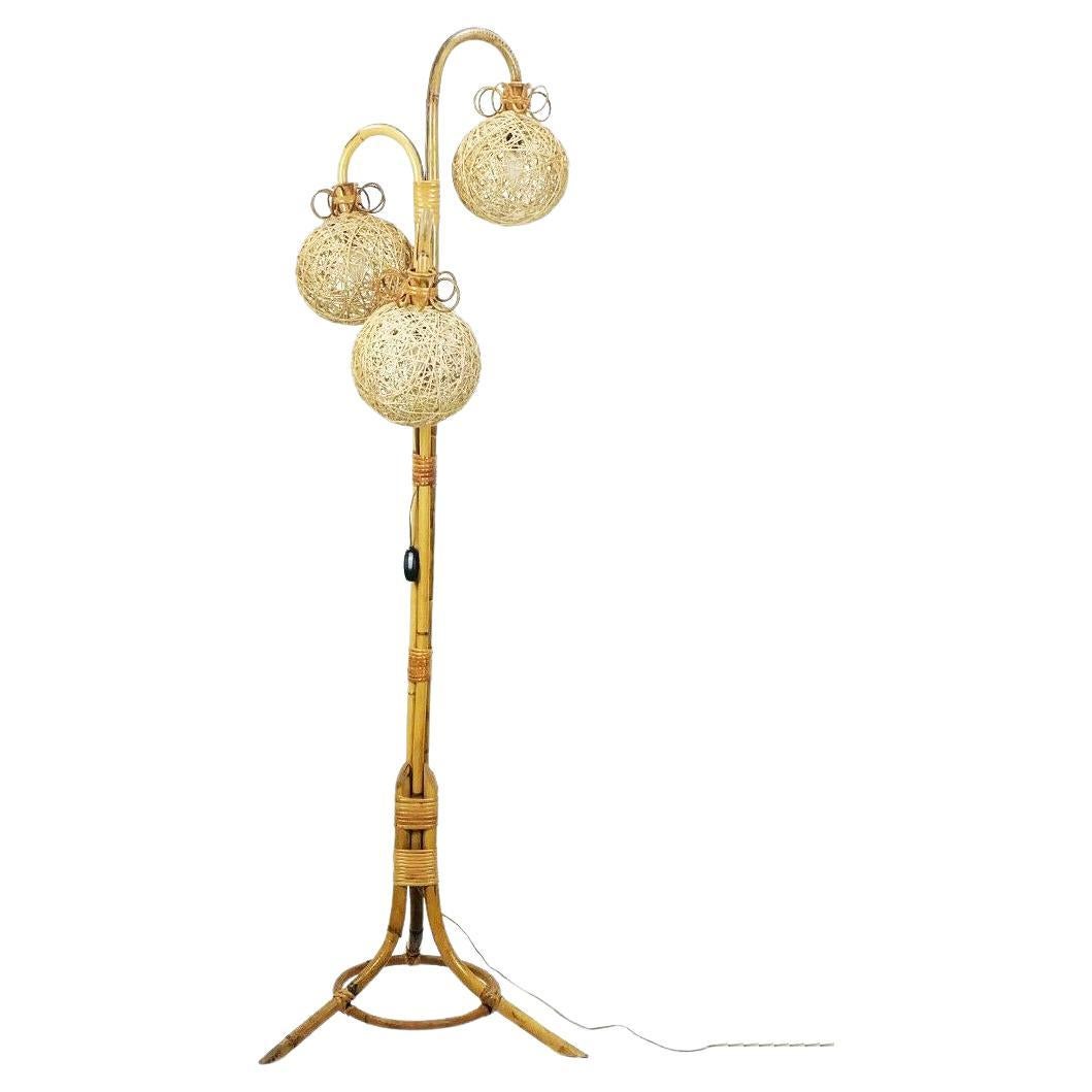 rare mid century tripod FLOOR LAMP bamboo rattan 50s hawaii tiki era 3 shades For Sale