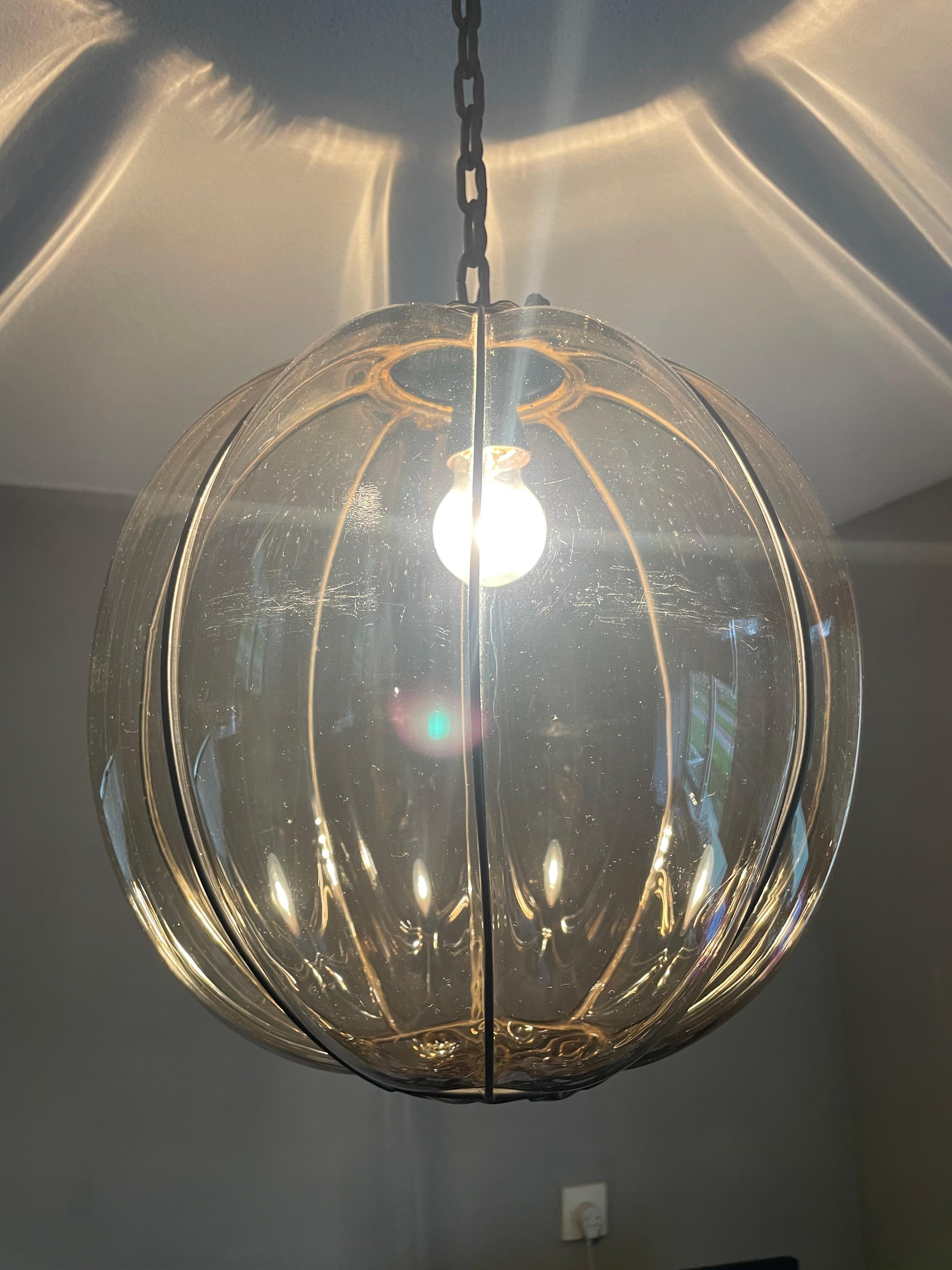 Rare Midcentury Venetian Mouth Blown Glass in Iron Frame Pendant / Chandelier For Sale 2