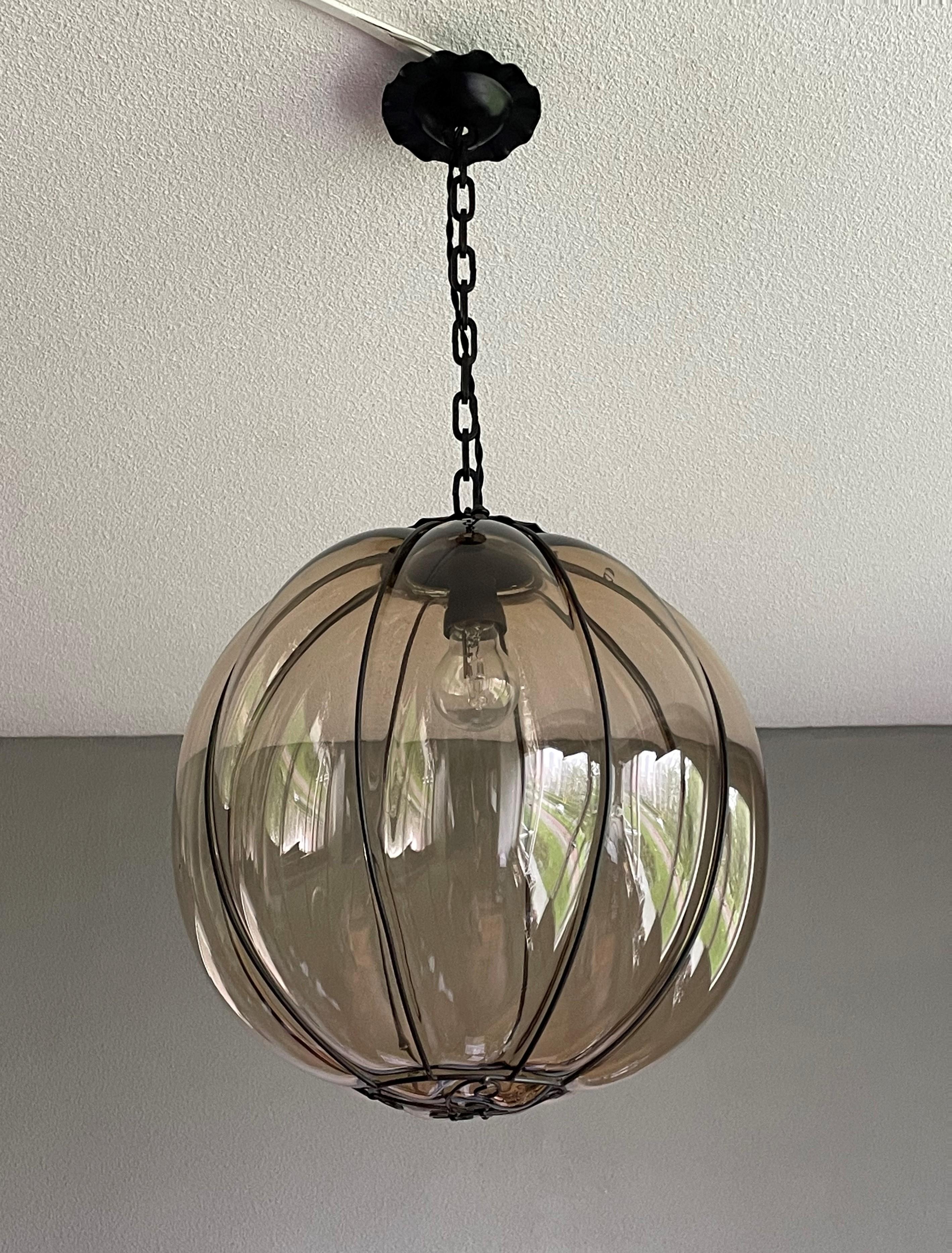 Rare Midcentury Venetian Mouth Blown Glass in Iron Frame Pendant / Chandelier For Sale 6