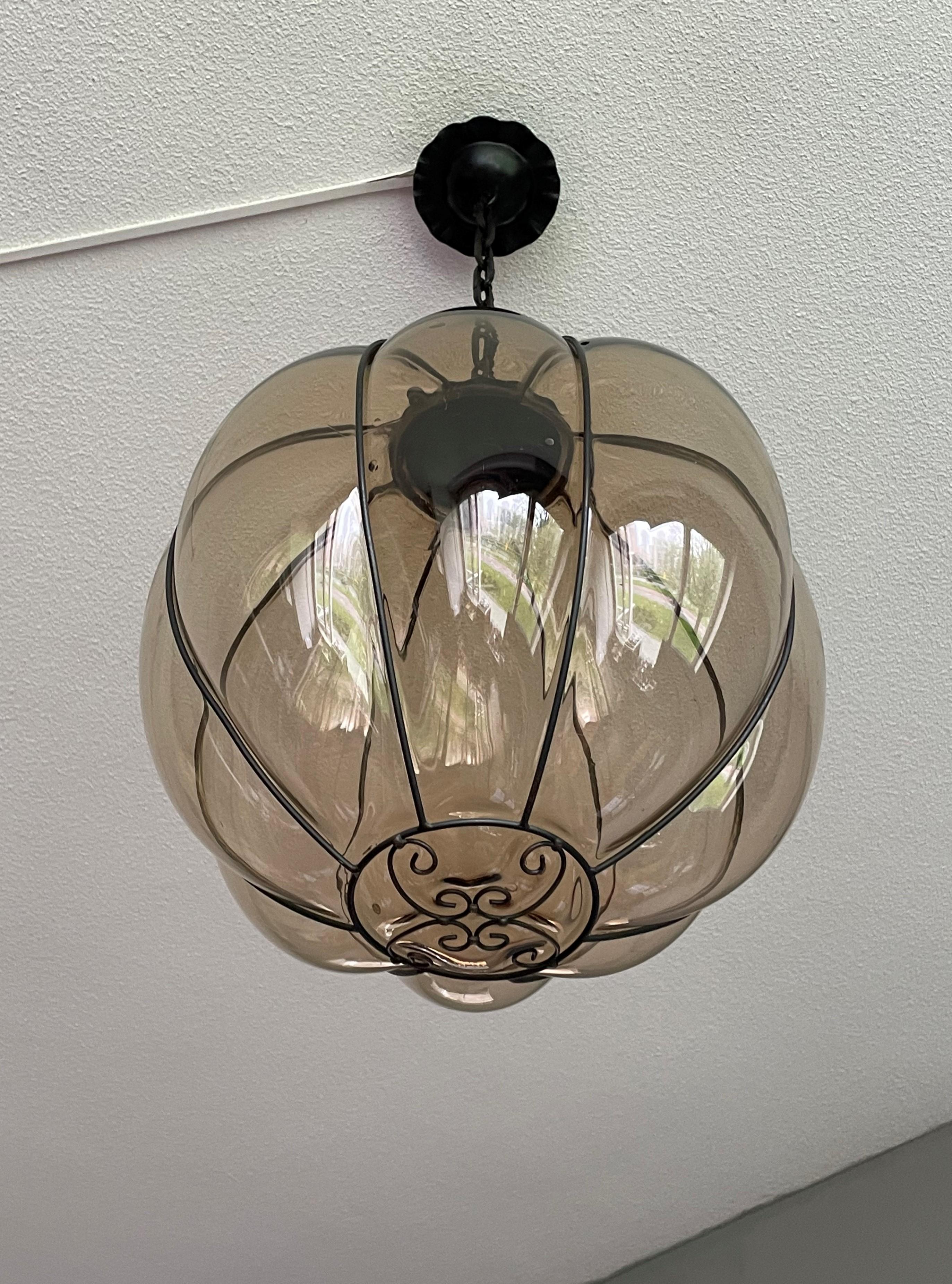Rare Midcentury Venetian Mouth Blown Glass in Iron Frame Pendant / Chandelier For Sale 8
