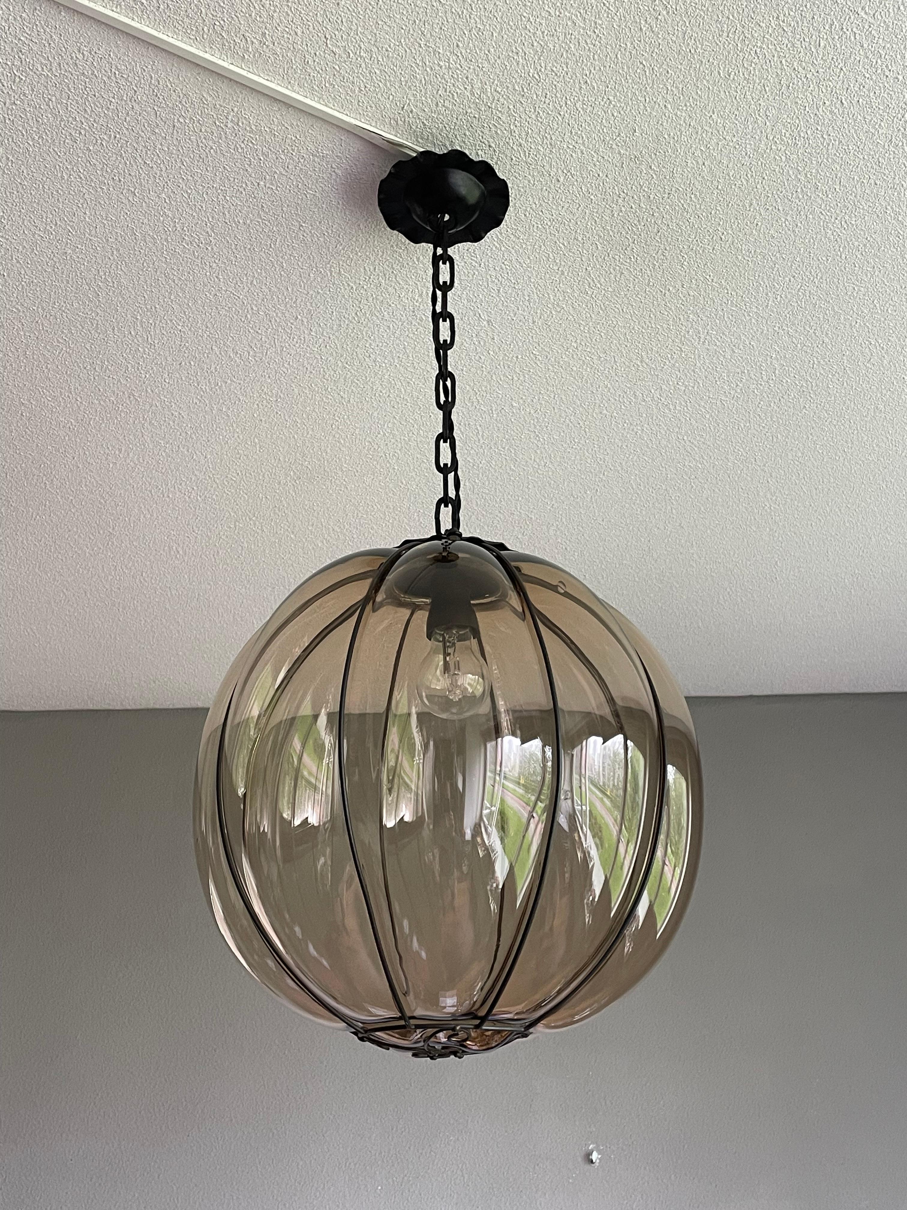 Rare Midcentury Venetian Mouth Blown Glass in Iron Frame Pendant / Chandelier For Sale 9