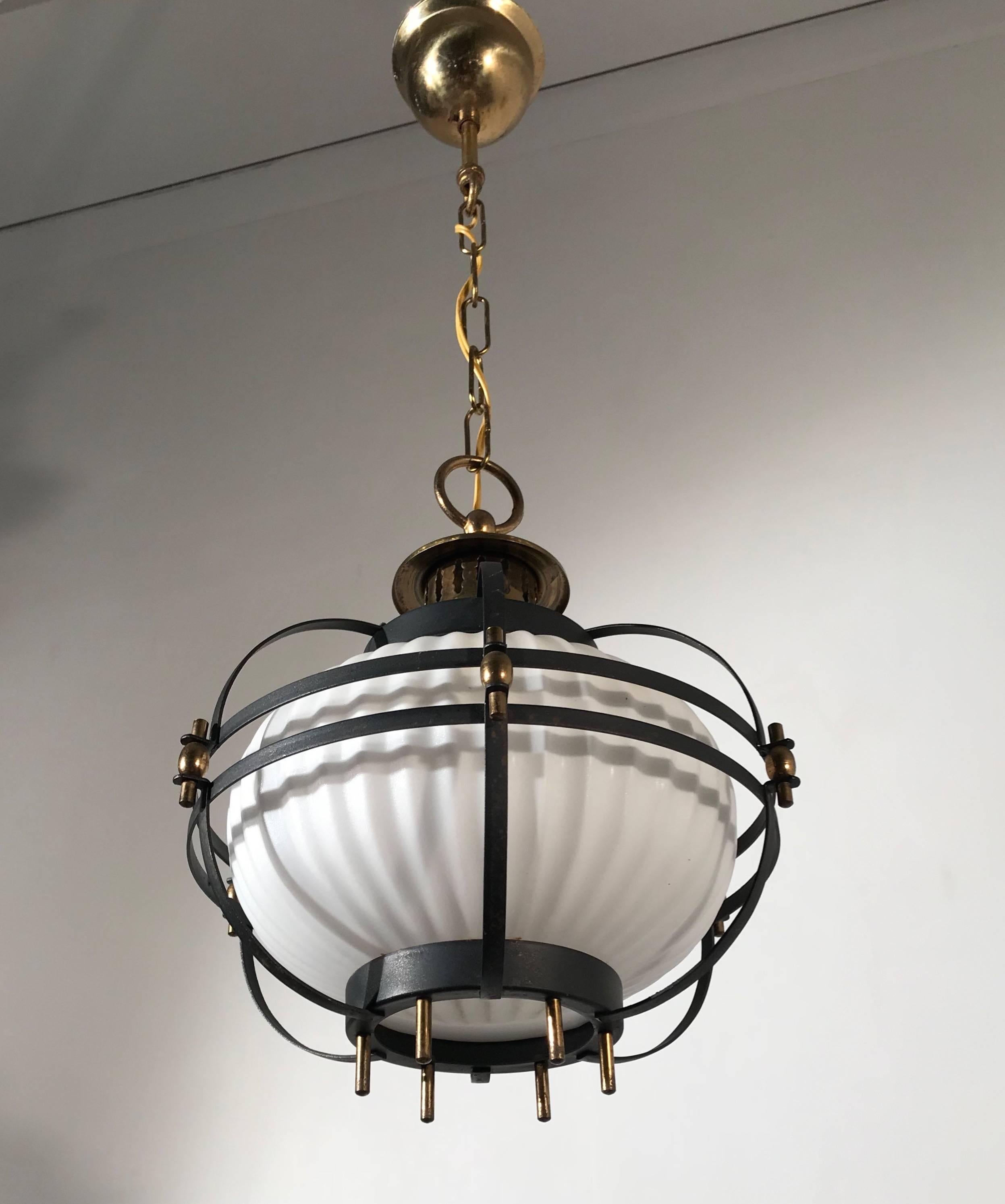 Rare Midcentury Modern Brass, Metal Cage & Glass Shade Design Pendant Light  6