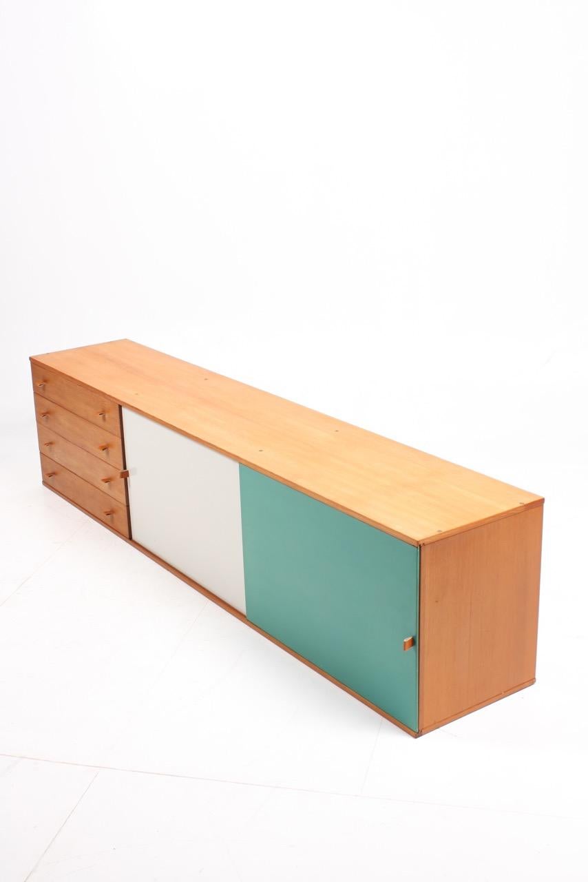 Leather Rare Midcentury Wall-Mounted Sideboard in Oregon Pine with Colored Panels