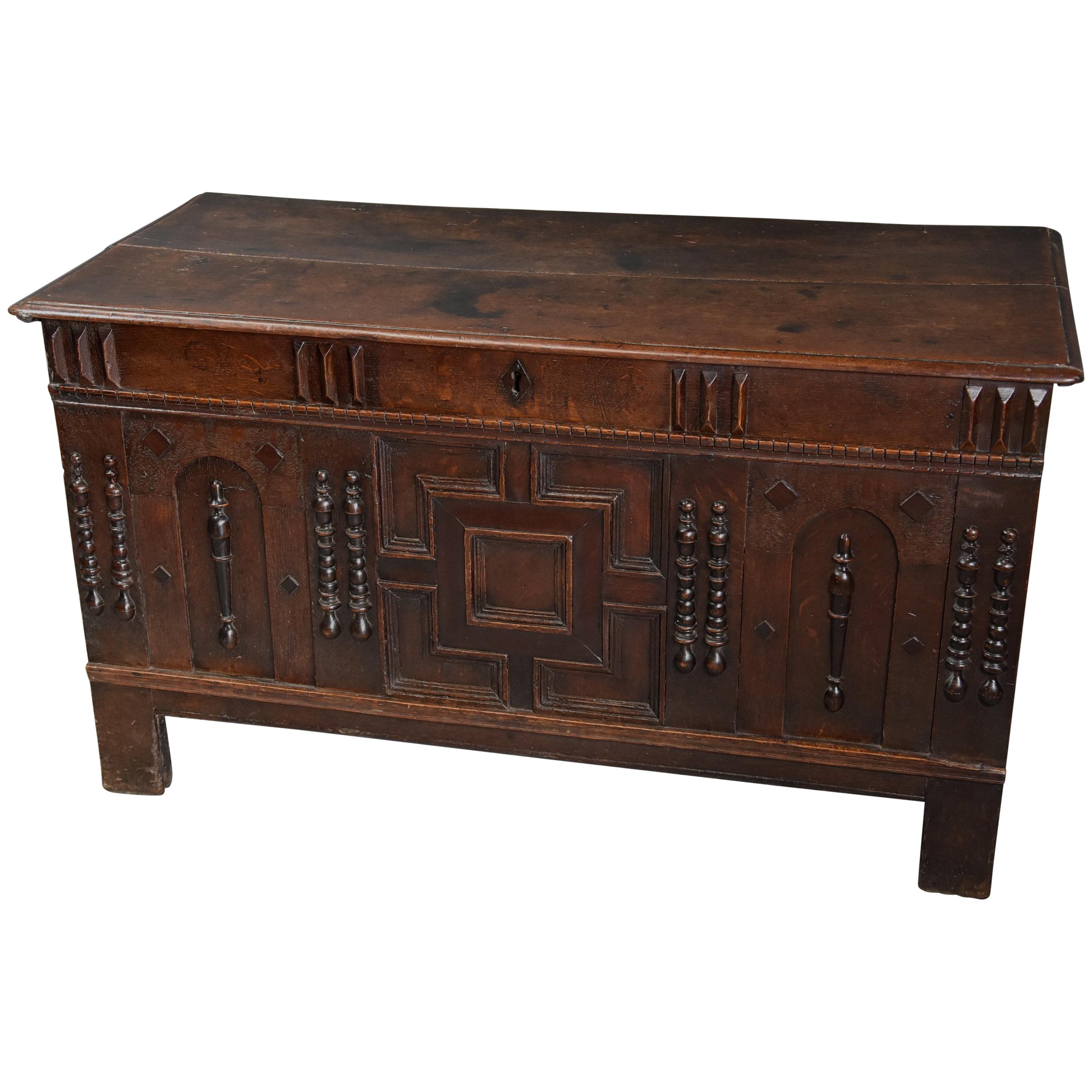 Rare Mid-Late 17th Century Oak Moulded Front Coffer with Fine Patina For Sale