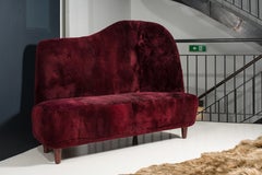 Rare Mid-Modern Scandinavian Sofa, 1950, Burgundy Shearling Upholstery