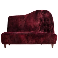 Rare Mid-Modern Scandinavian Sofa, 1950, Burgundy Shearling Upholstery