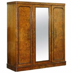 Rare Mid Victorian G Trollope & Sons Burr Walnut Triple Wardrobe Original Glass