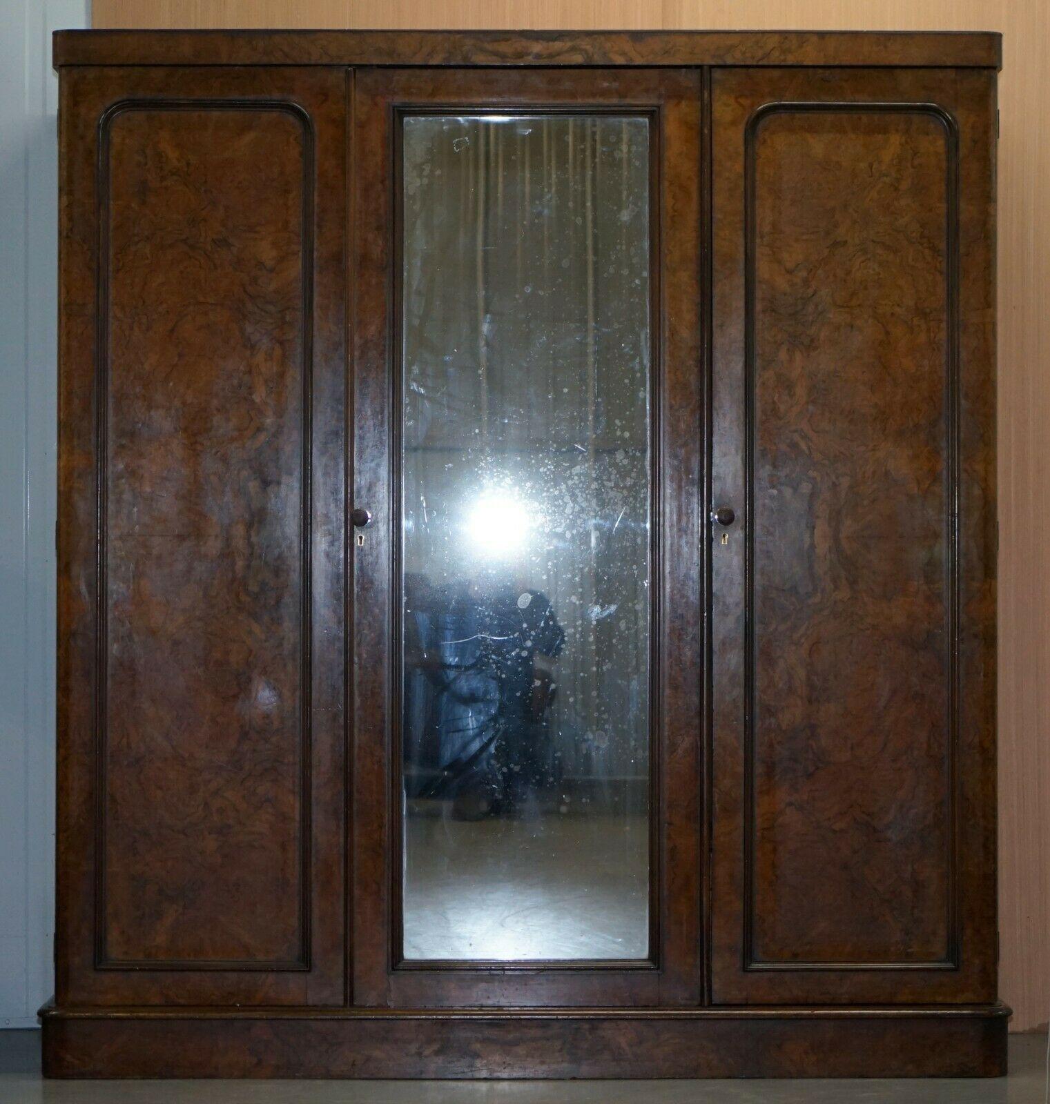 High Victorian Rare Mid Victorian G Trollope & Sons Burr Walnut Triple Wardrobe Original Glass