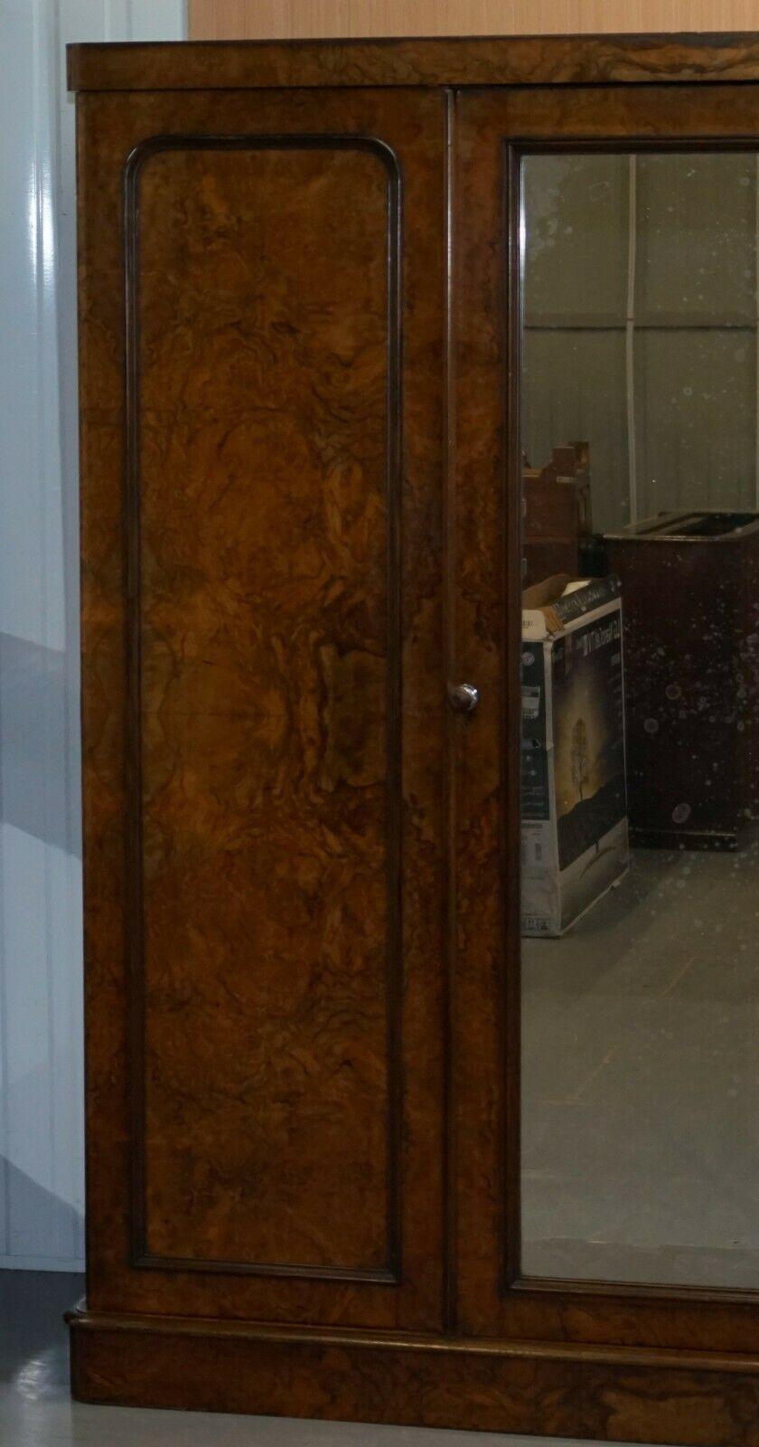 English Rare Mid Victorian G Trollope & Sons Burr Walnut Triple Wardrobe Original Glass