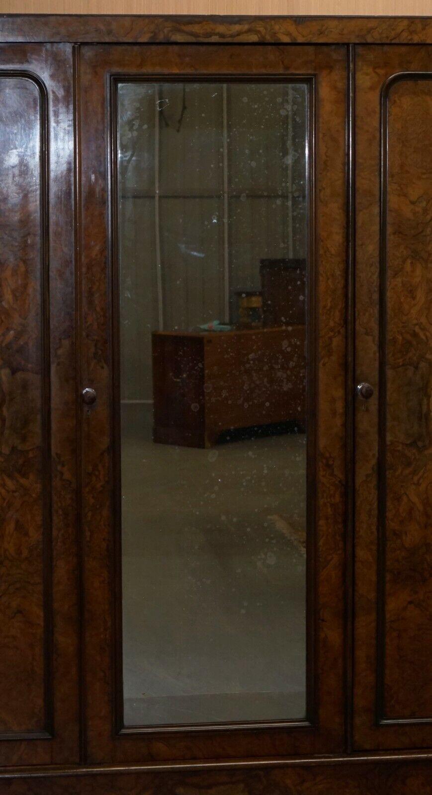 19th Century Rare Mid Victorian G Trollope & Sons Burr Walnut Triple Wardrobe Original Glass