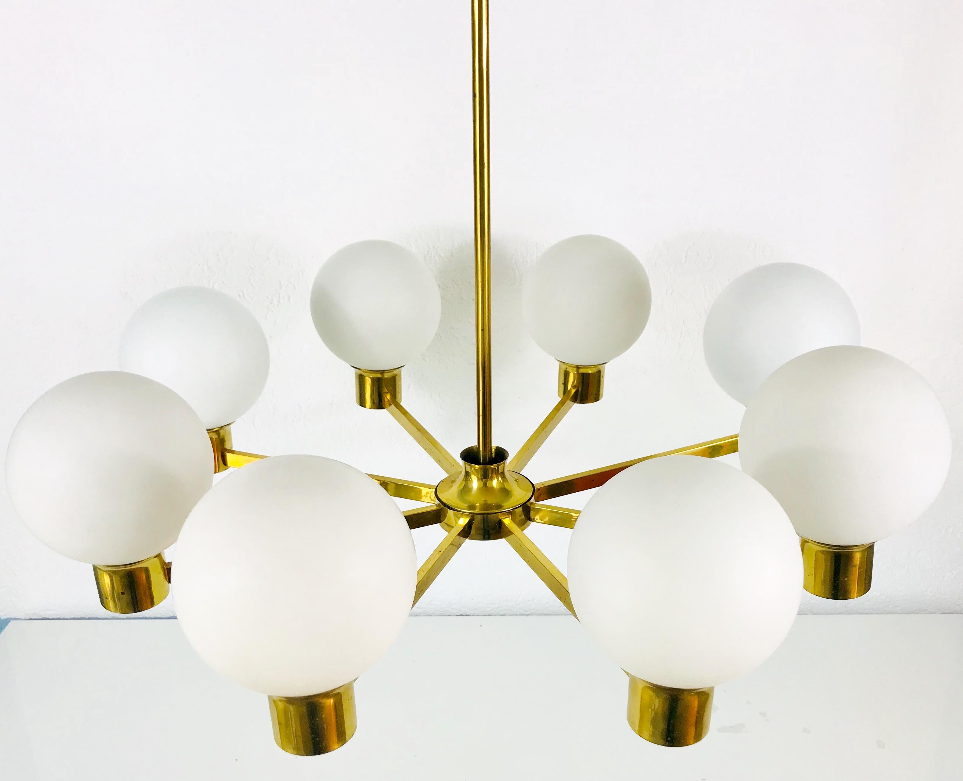 Mid-Century Modern Rare Midcentury 8-Arm Brass and Opaline Glass Chandelier, 1960s For Sale