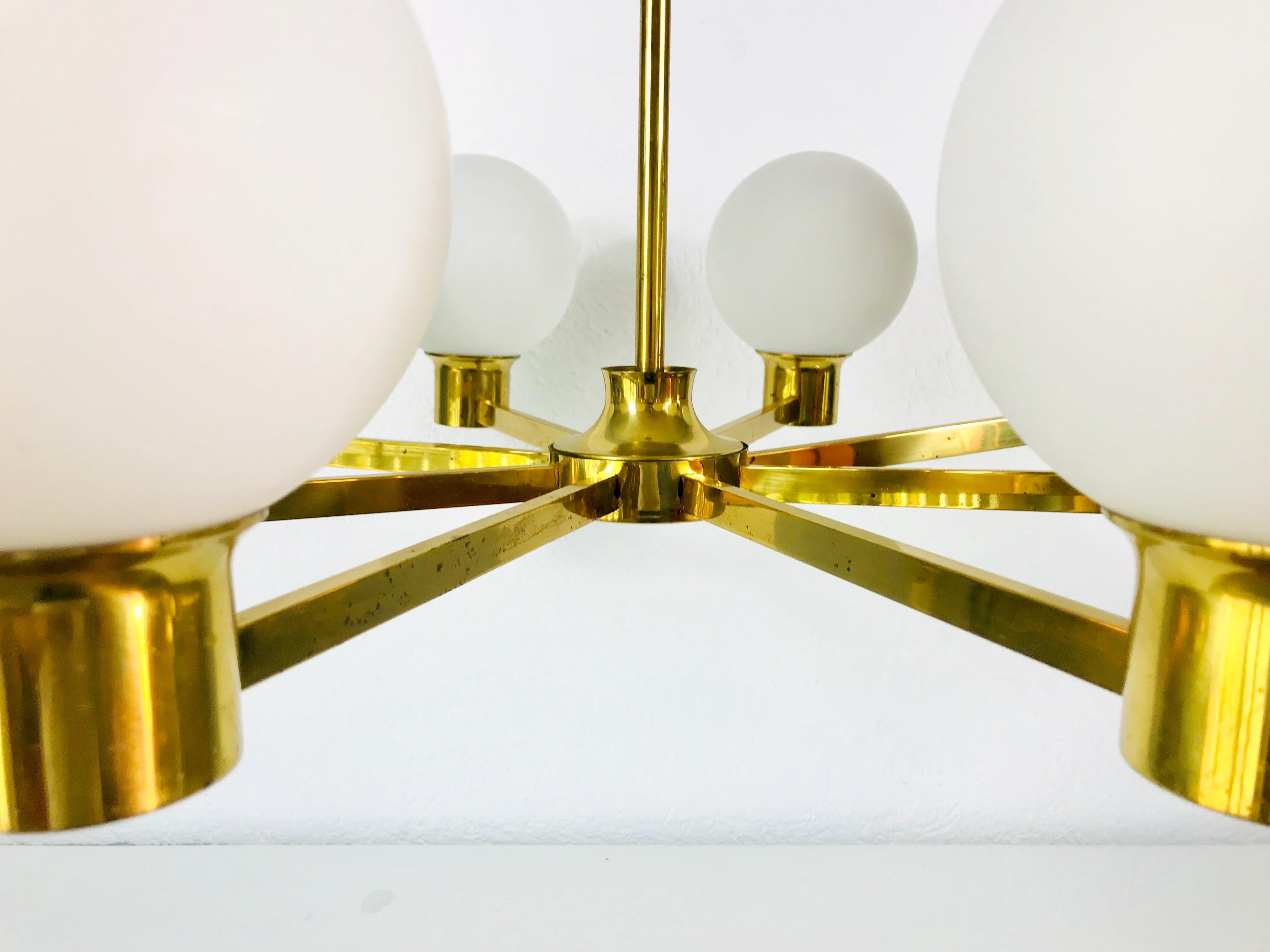 Metal Rare Midcentury 8-Arm Brass and Opaline Glass Chandelier, 1960s For Sale