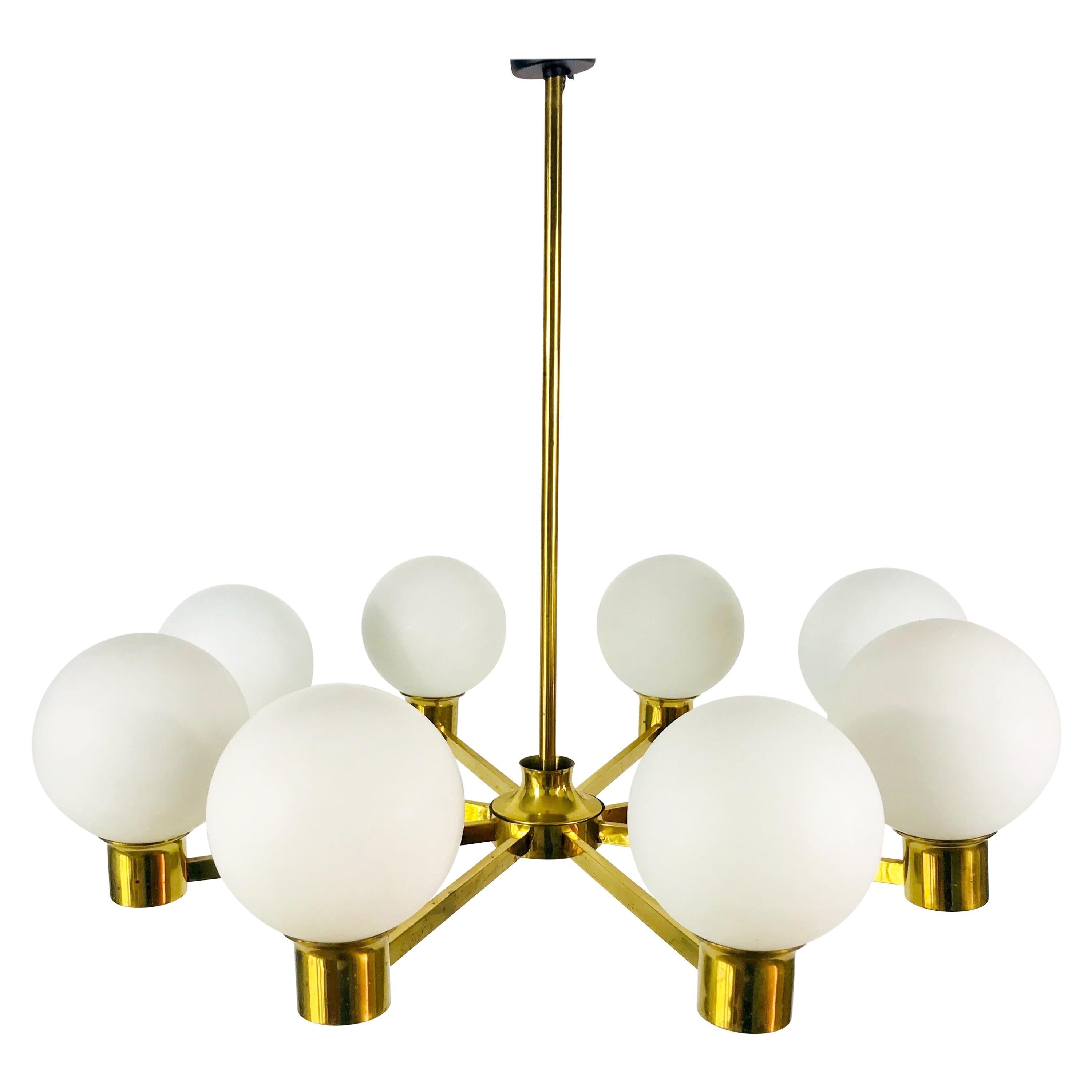 Rare Midcentury 8-Arm Brass and Opaline Glass Chandelier, 1960s For Sale