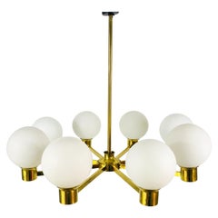 Rare Midcentury 8-Arm Brass and Opaline Glass Chandelier, 1960s