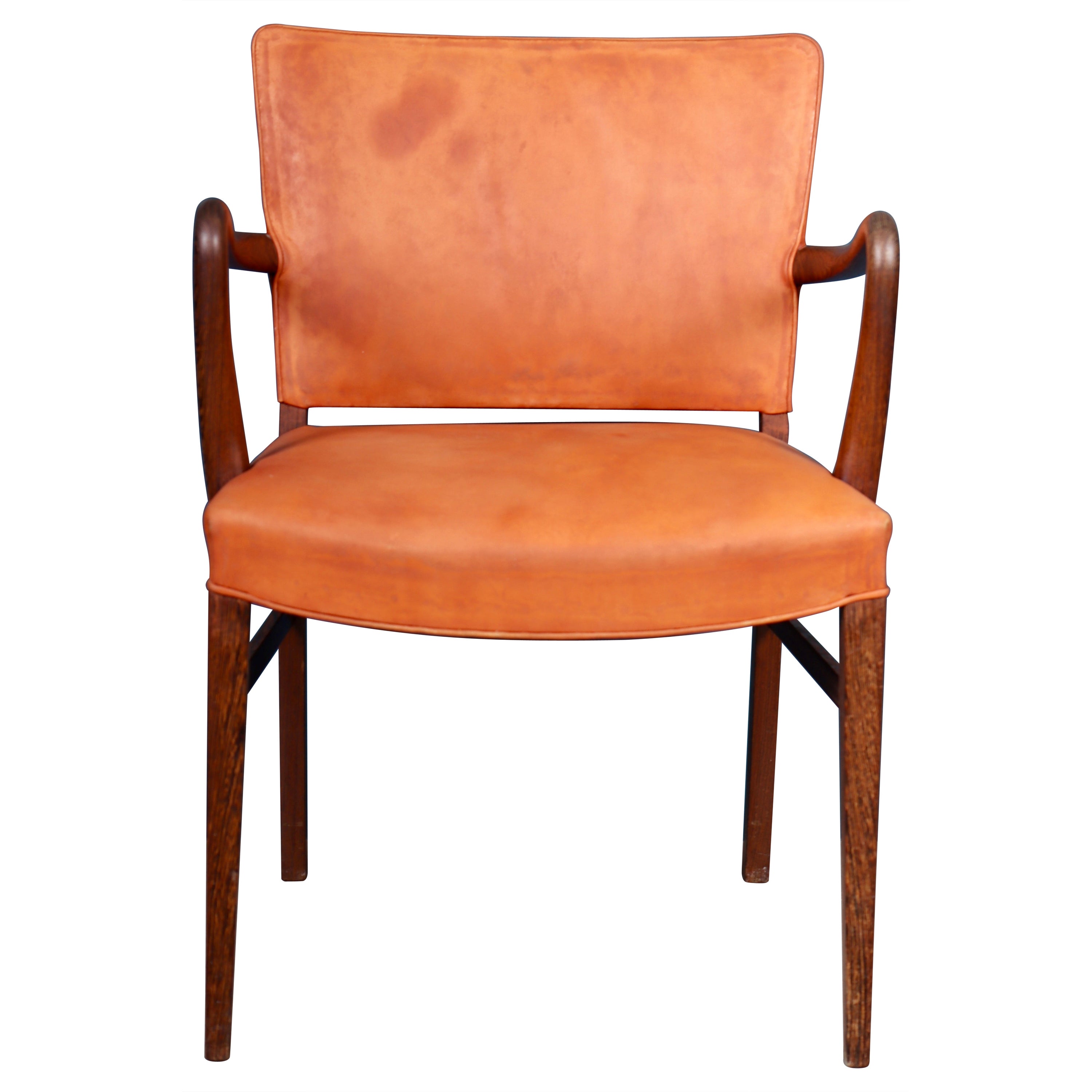 Fauteuil rare du milieu du siècle dernier en cuir patiné et wengé, design danois, années 1950