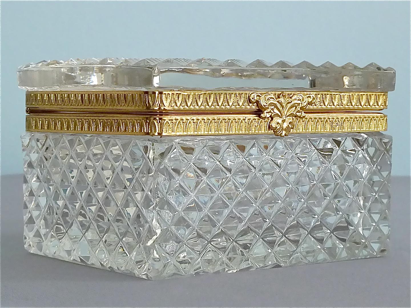 Rare 1950s Baccarat Crystal Glass Smoking Set Gilt Brass Ashtray Box Lighter 1