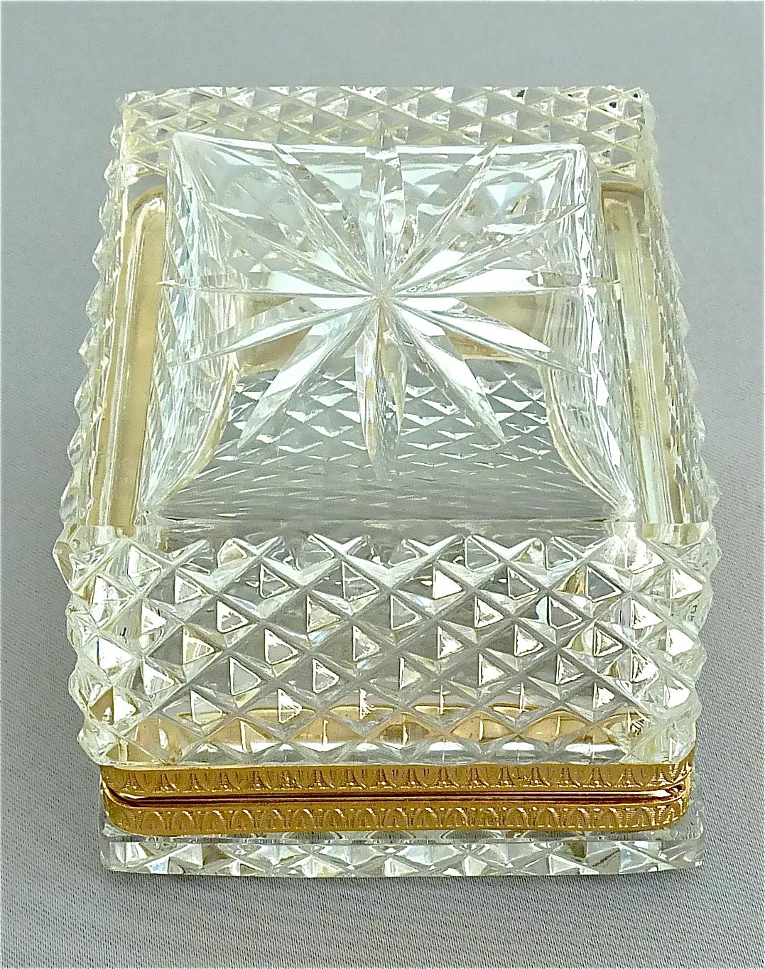 Rare 1950s Baccarat Crystal Glass Smoking Set Gilt Brass Ashtray Box Lighter 3