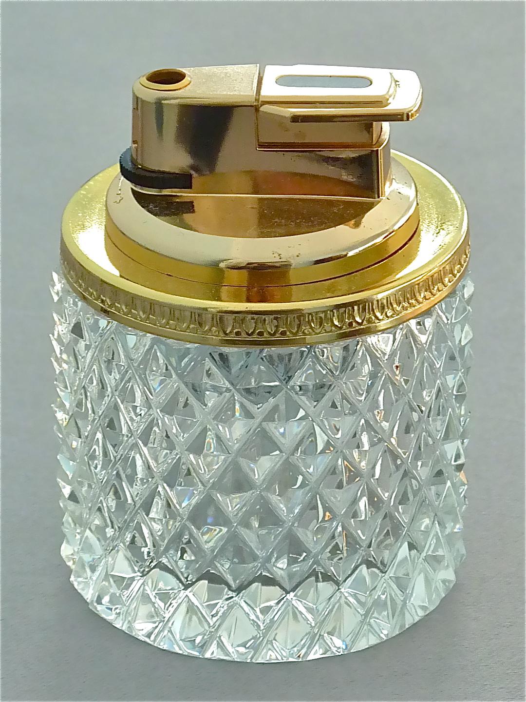 Rare 1950s Baccarat Crystal Glass Smoking Set Gilt Brass Ashtray Box Lighter 5