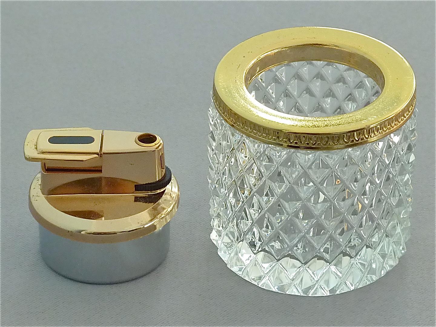 Rare 1950s Baccarat Crystal Glass Smoking Set Gilt Brass Ashtray Box Lighter 7