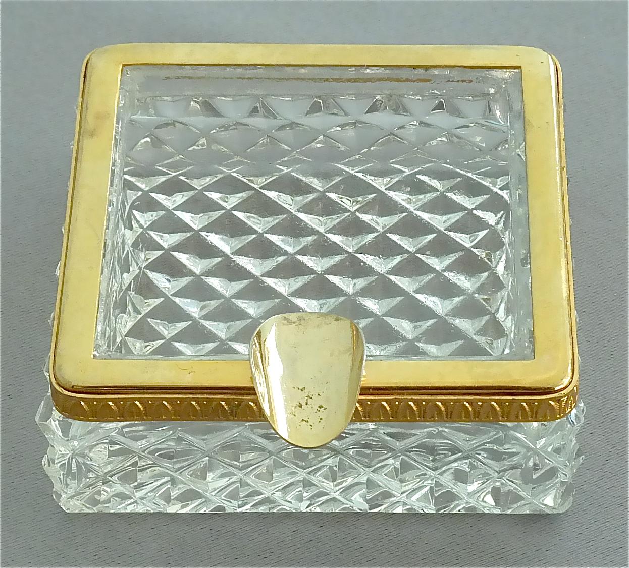 Rare 1950s Baccarat Crystal Glass Smoking Set Gilt Brass Ashtray Box Lighter 8