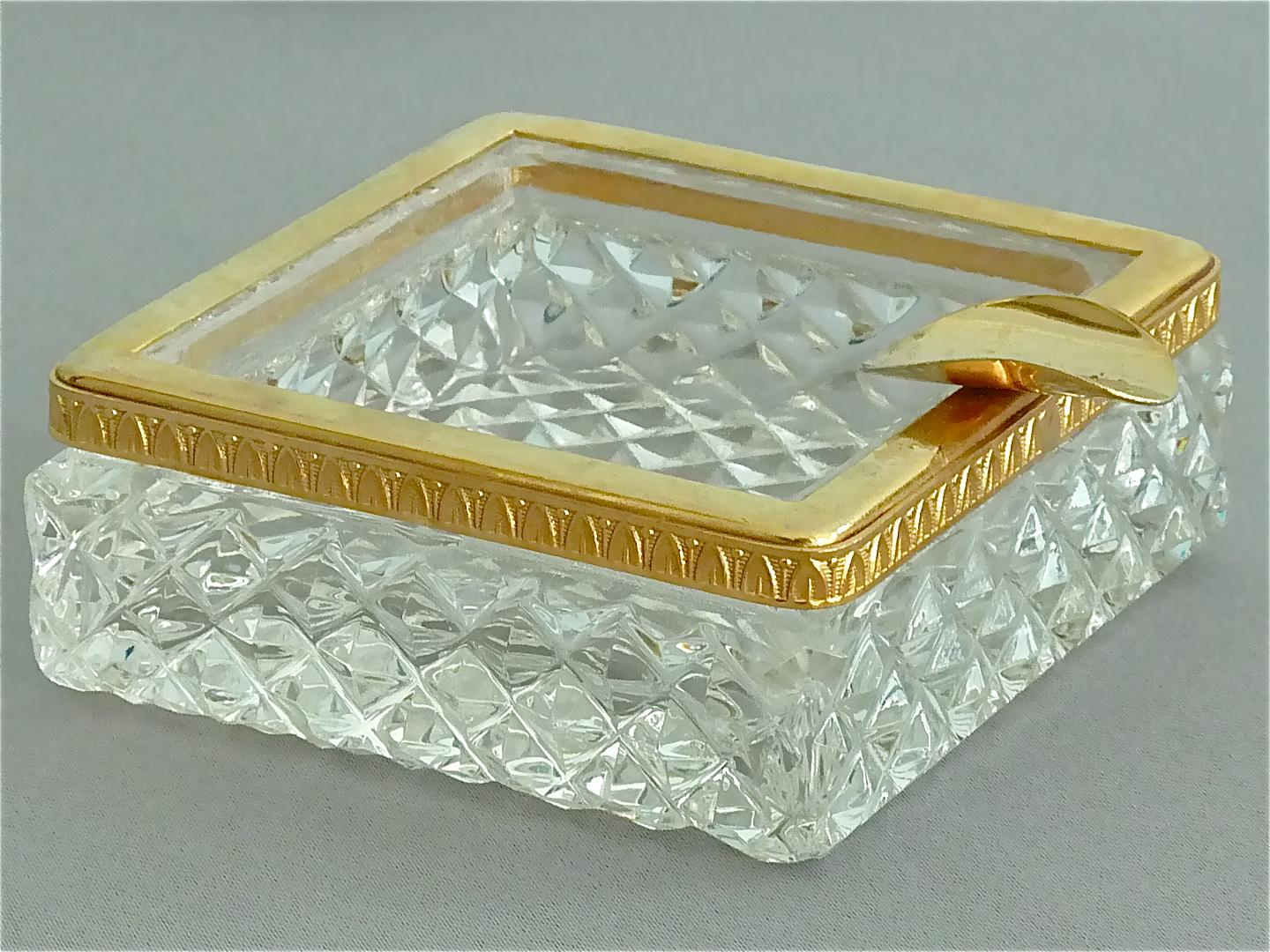 Rare 1950s Baccarat Crystal Glass Smoking Set Gilt Brass Ashtray Box Lighter 9