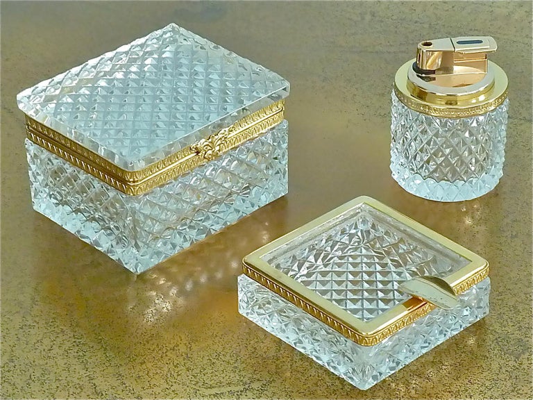 Rare 1950s Baccarat Crystal Glass Smoking Set Gilt Brass