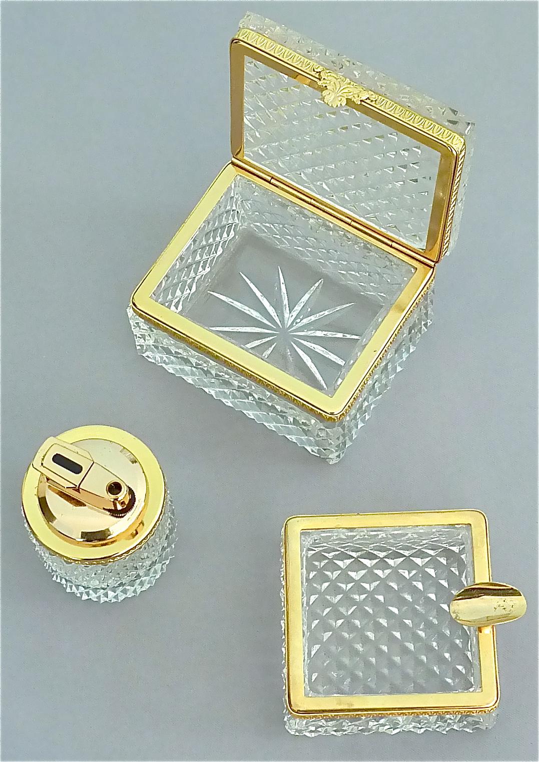 Hollywood Regency Rare 1950s Baccarat Crystal Glass Smoking Set Gilt Brass Ashtray Box Lighter